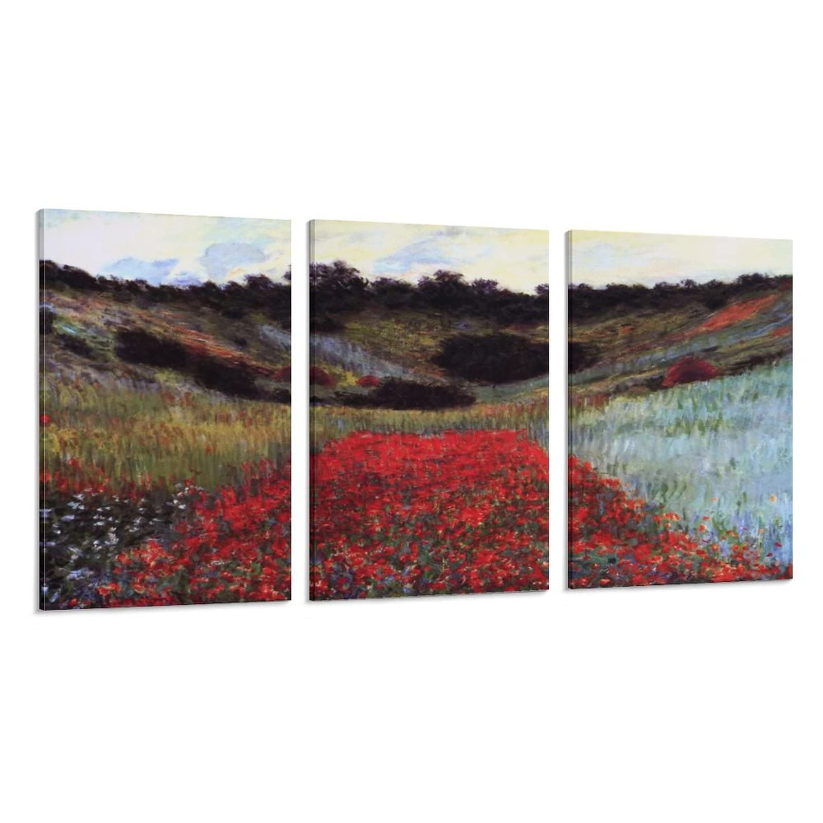 Claude Monet Impressionist Art - Flower Field in A Hollow near Giverny Three Panel Canvas Painting | Famous Oil Painting Reproduction for Bedroom & Living Room Decor | Vintage 90s Aesthetic Wall Art | Perfect for Home, Office & Gift Giving