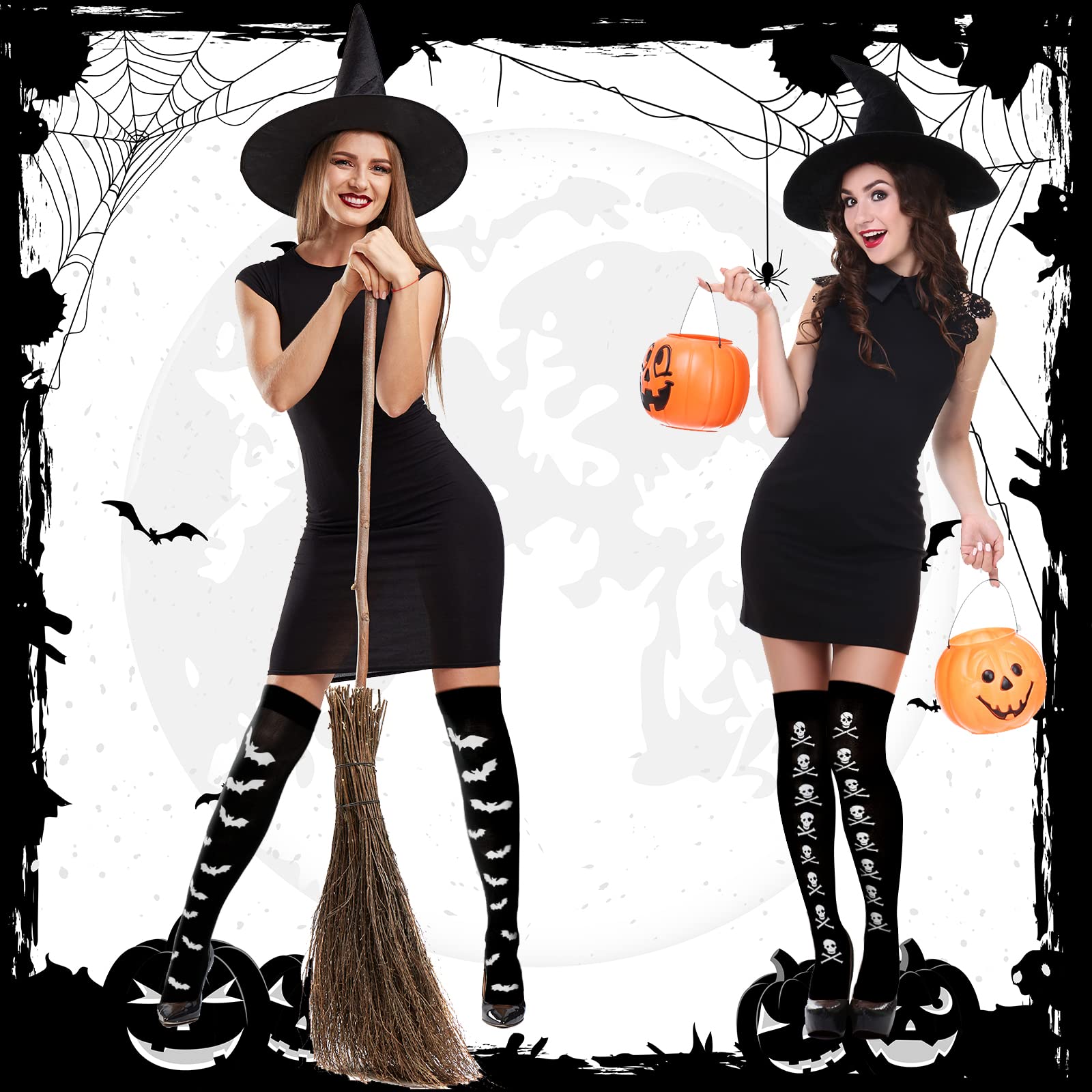 Newcotte 4 Pairs Halloween Thigh High Socks - Bat Skeleton Skull Over Knee Stockings for Women & Girls (Orange/White/Black) | Cosplay, Festival, Party Costume Accessories