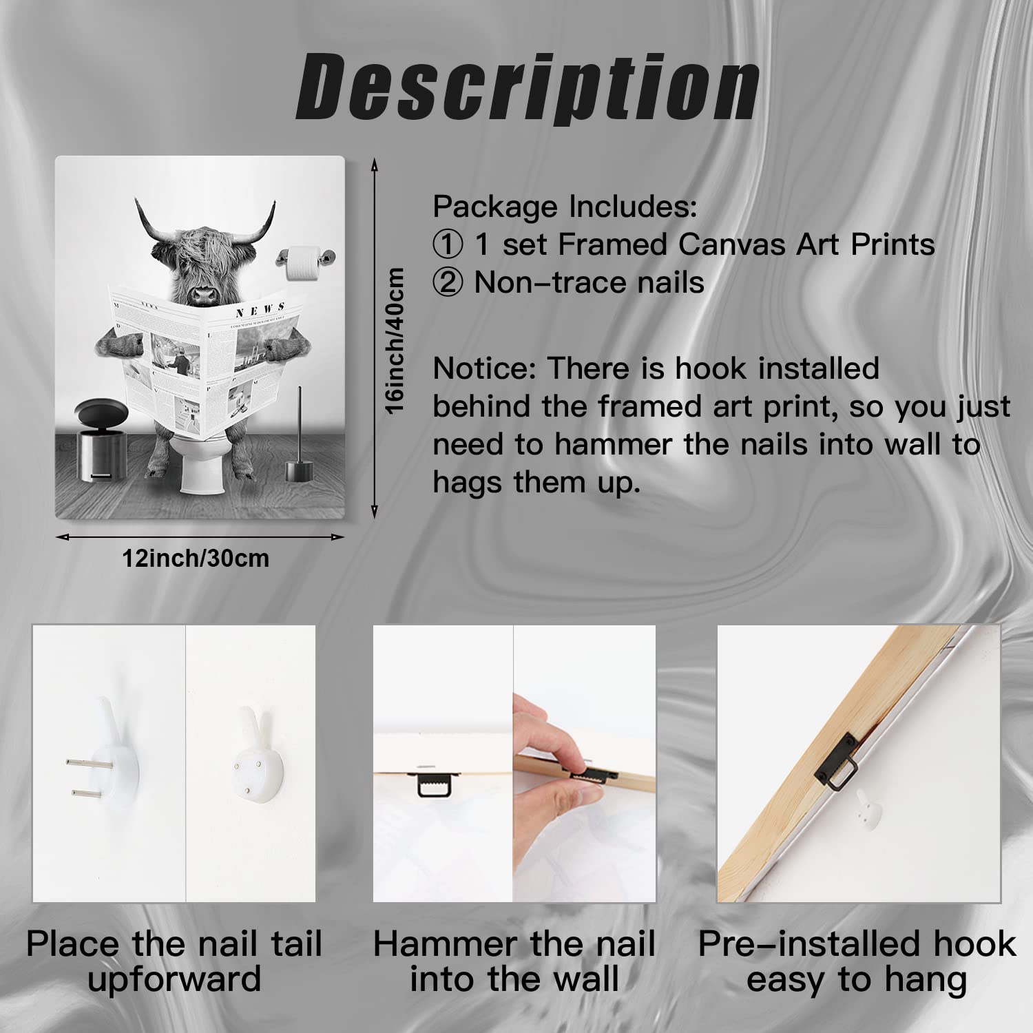 Funny Cow Wall Art Set - 4 Framed Bathroom Pictures (12x16in) for Farmhouse & Kids Decor