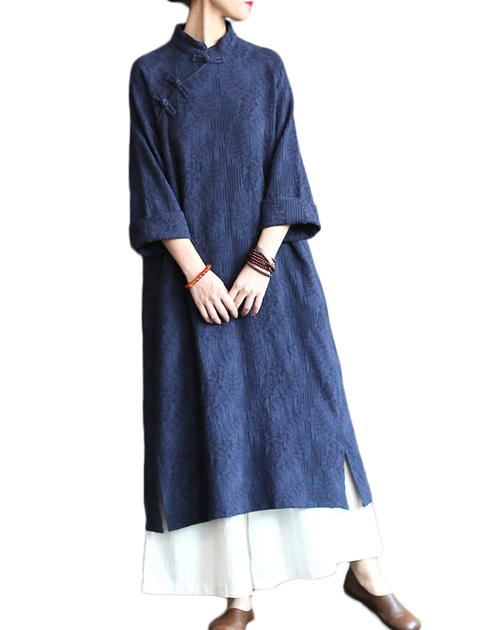 Elegant Chinese Qipao Dress for Women - Long Sleeve Cotton Jacquard Cheongsam with Stand Collar | Spring & Fall Vintage Style | Perfect for Weddings, Parties, and Cultural Events