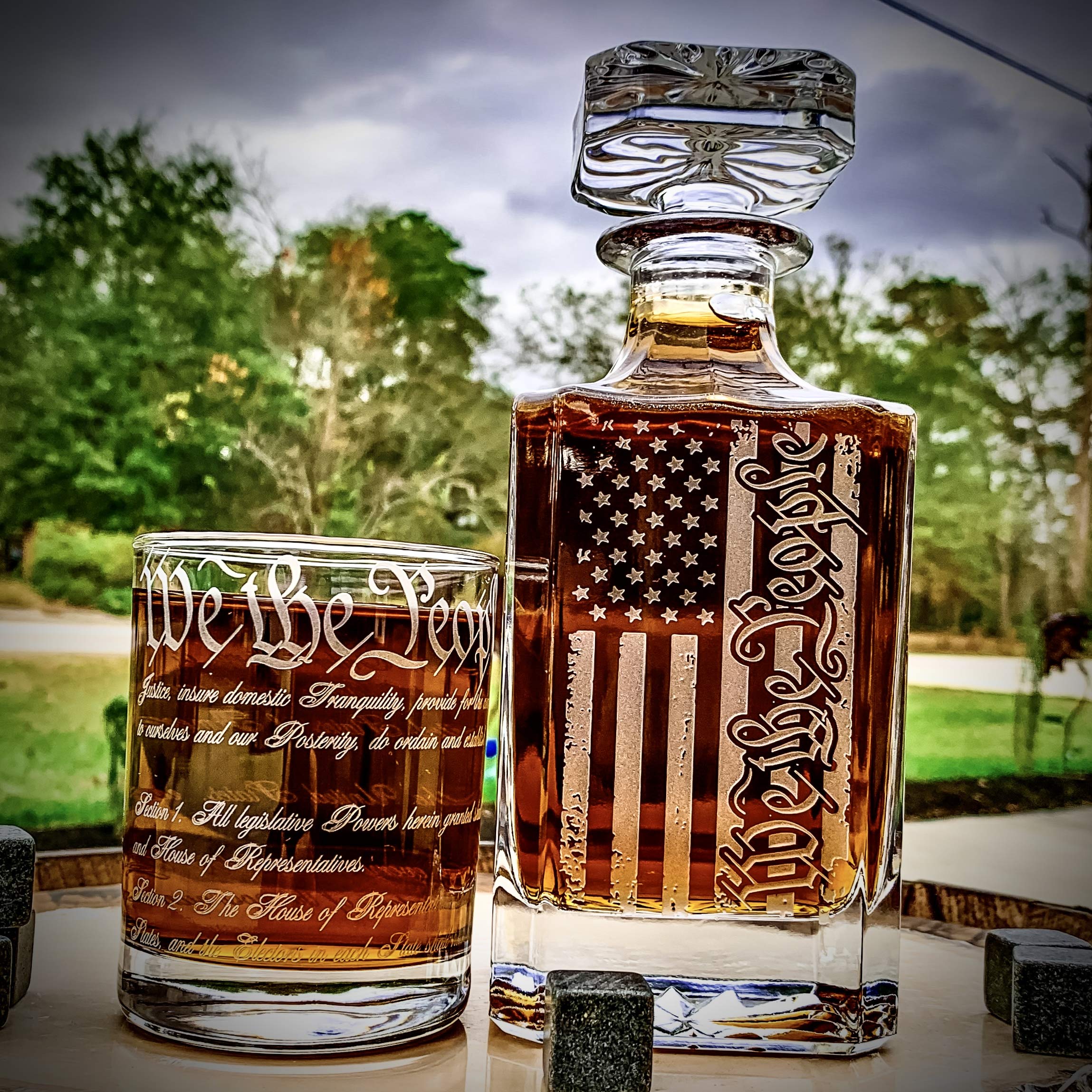 We The People American Flag Engraved 750ml Whiskey Decanter Set with 360 US Constitution Glasses (3pc) - Premium Handcrafted Barware Made in USA - Perfect Father's Day Gift for Whiskey Lovers & Patriotic Home Decor