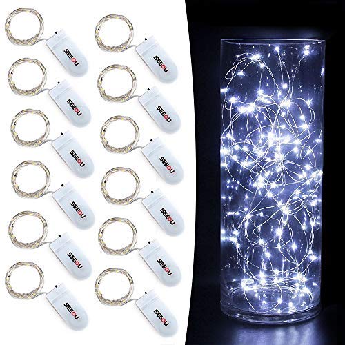 YKB 12 Pack White Fairy Lights - 20 Micro LED String Lights Battery Powered (2xCR2032) - 3.3ft/1m Silver Copper Wire for Christmas Decorations, Holiday Wedding, Party, Bedroom, Garden & Outdoor Decor