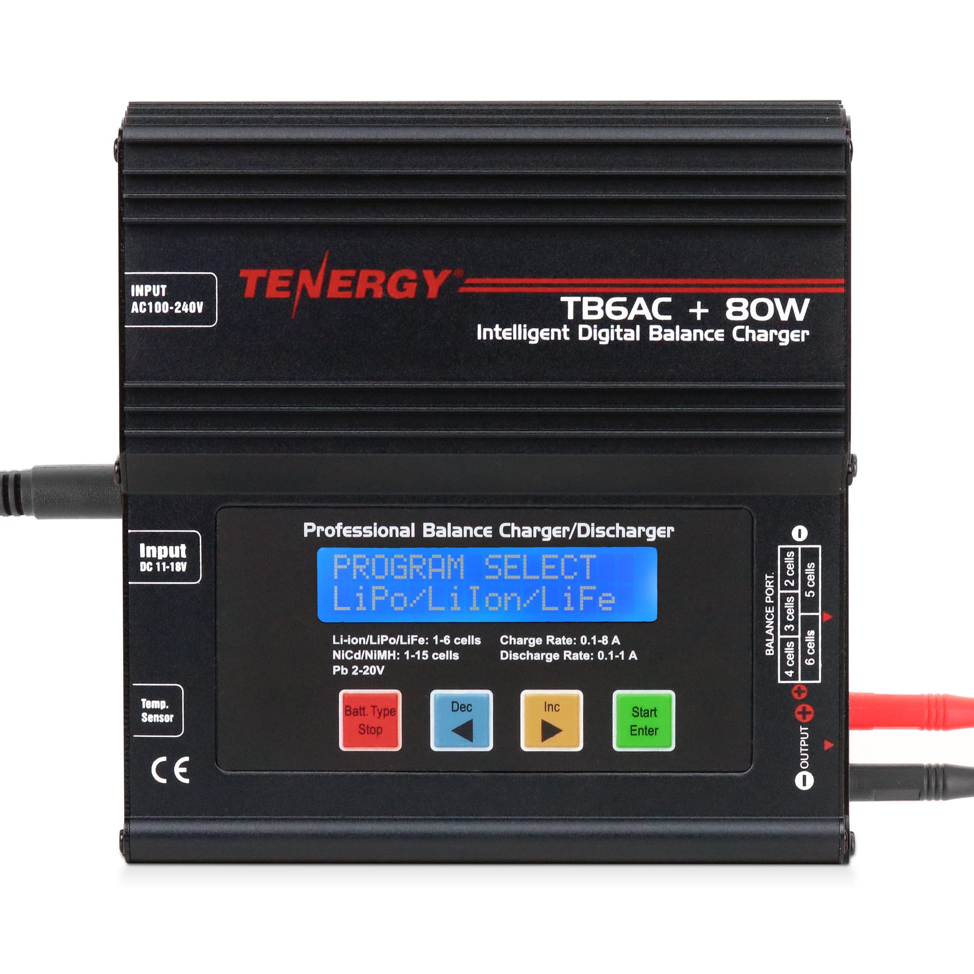 Tenergy TB6AC+ 80W Smart Balance Charger Discharger for 1S-6S LiPo/LiFe/NiMH/NiCd Batteries - LCD Display with Tamiya/JST/EC3/HiTec/Deans Connectors - Perfect for RC Cars, Drones, and Airsoft Battery Charging