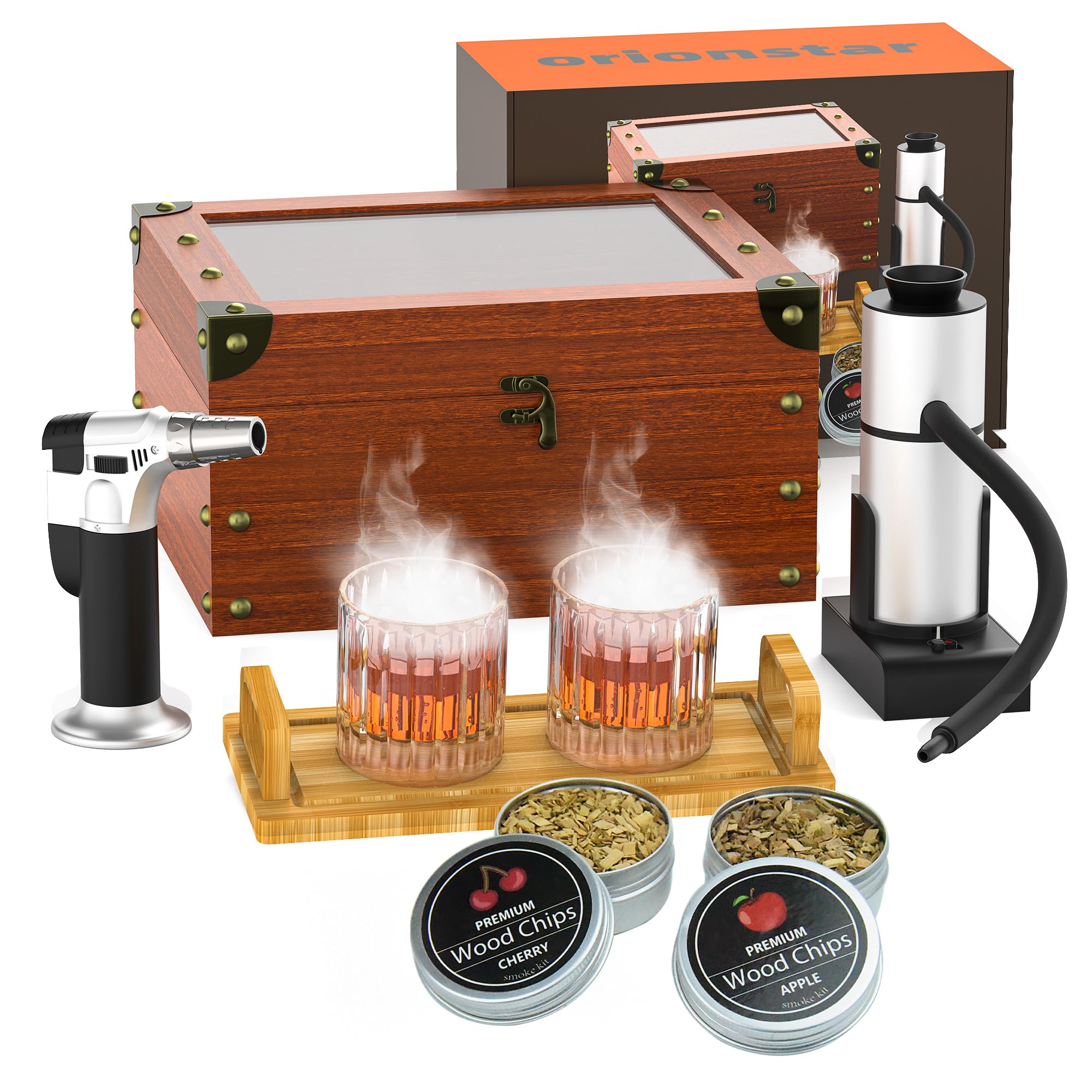 Premium Cocktail Smoker Kit with Torch, Food Tray & Wood Chips (Apple & Cherry) - Whiskey & Bourbon Infuser Set for Old Fashioned Drinks - Perfect Gift for Men - Ideal for Home Bars, Parties & Cocktail Enthusiasts (No Butane or Cup Included)
