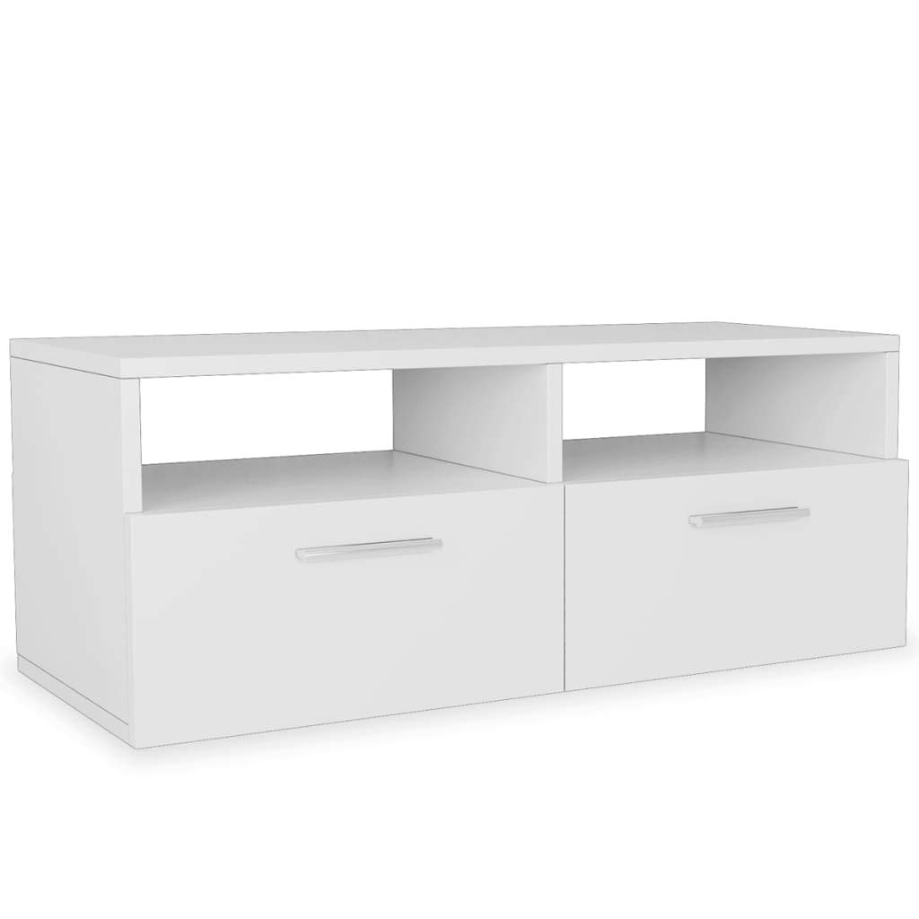 Modern White TV Stand with 2 Shelves & 2 Cabinets - 37.4
