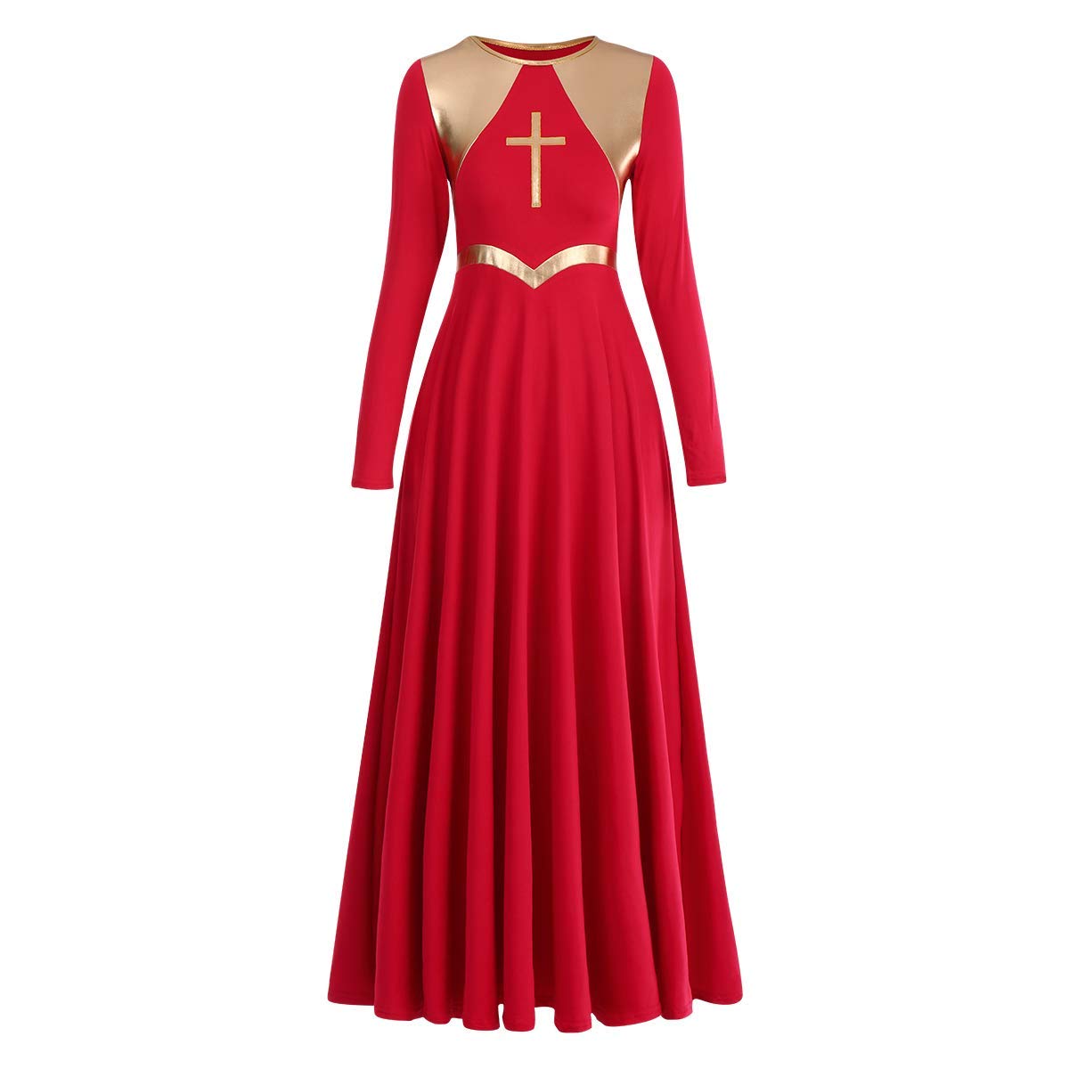 Metallic Cross Praise Dance Dresses for Women - Liturgical Worship Long Sleeve Loose Fit Full Length Dress - Perfect for Church Performances, Gospel Choir & Spiritual Dance Events