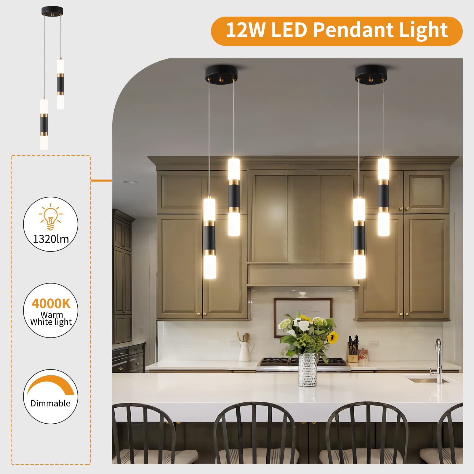 2-Pack Modern Mini Pendant Lights - Dimmable LED Kitchen Island Lighting, Small Hanging Fixtures for Bedroom & Dining Room - Black Gold Finish | Perfect for Home Decor & Interior Design
