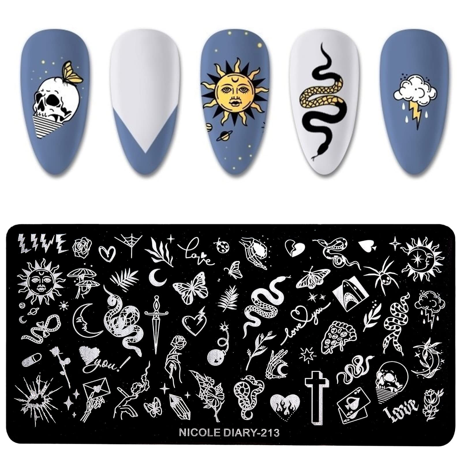 Punk Style Nail Art Stamping Plates - Tarot Cross Snake Butterfly Design | Vintage Mix Pattern Nail Stencils for DIY Manicure | Perfect for Gothic, Halloween & Alternative Nail Art