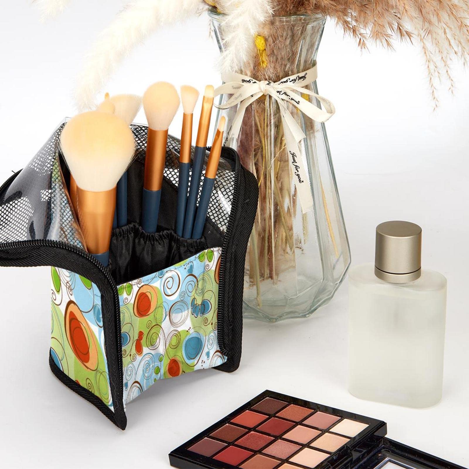 12-Piece Makeup Brush Set with Geometric Abstract Swirl Organizer Bag - Portable Brush Holder Case for Travel & Professional Makeup Artists