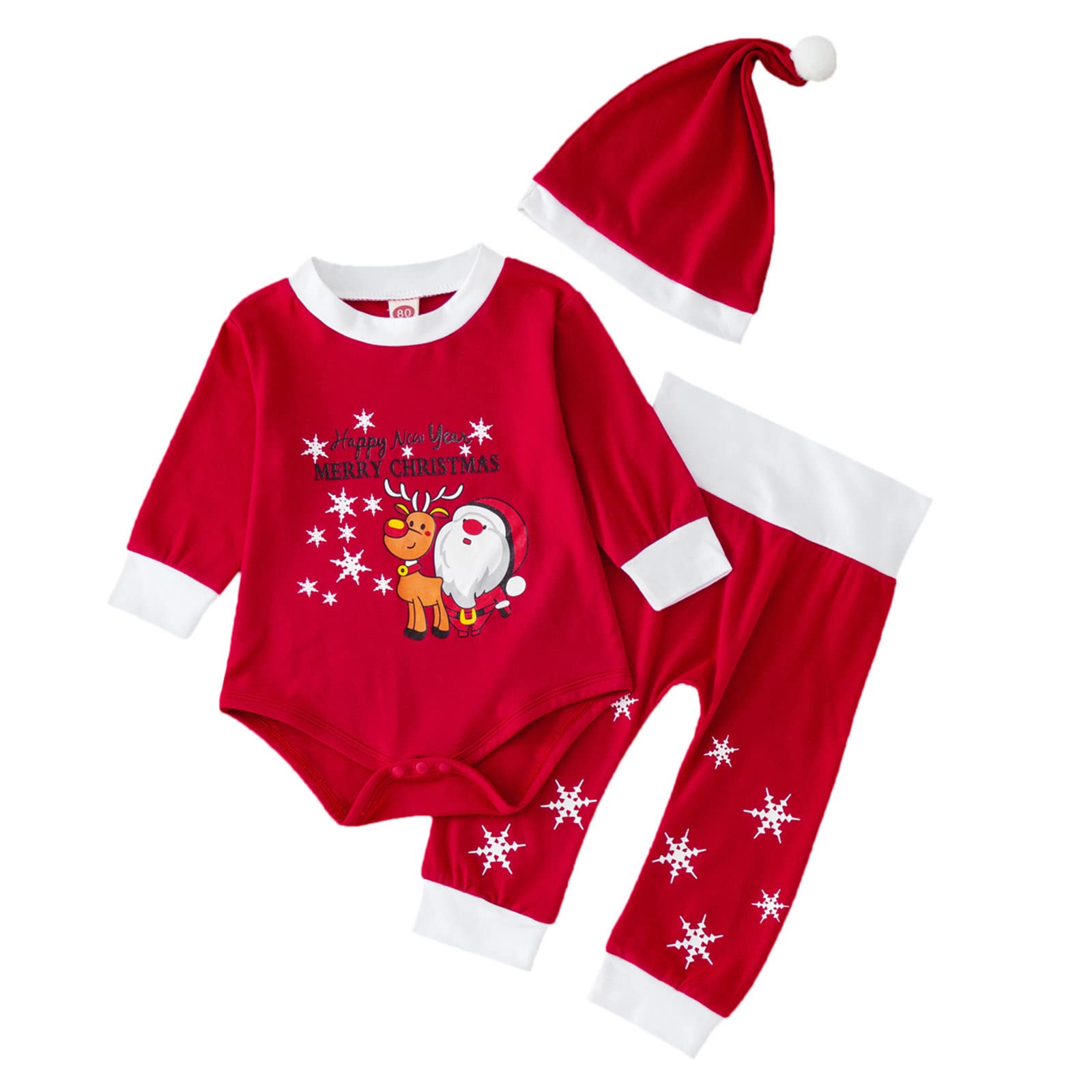 Adorable Deer Print Christmas Romper Set for Newborn Baby Girls & Boys - Long Plaid Pants + Matching Hat | Perfect for Holiday Photos, Family Gatherings & First Christmas Outfits