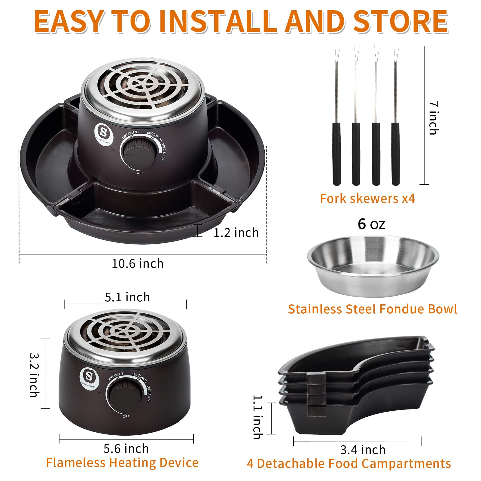 SANLE SOPFFY 2-in-1 Electric S'mores Maker & Fondue Pot Set - Indoor Flameless Temperature-Controlled Heater with 4 Roasting Forks - Perfect for Family Gatherings, Christmas Gifts & Cozy Winter Nights