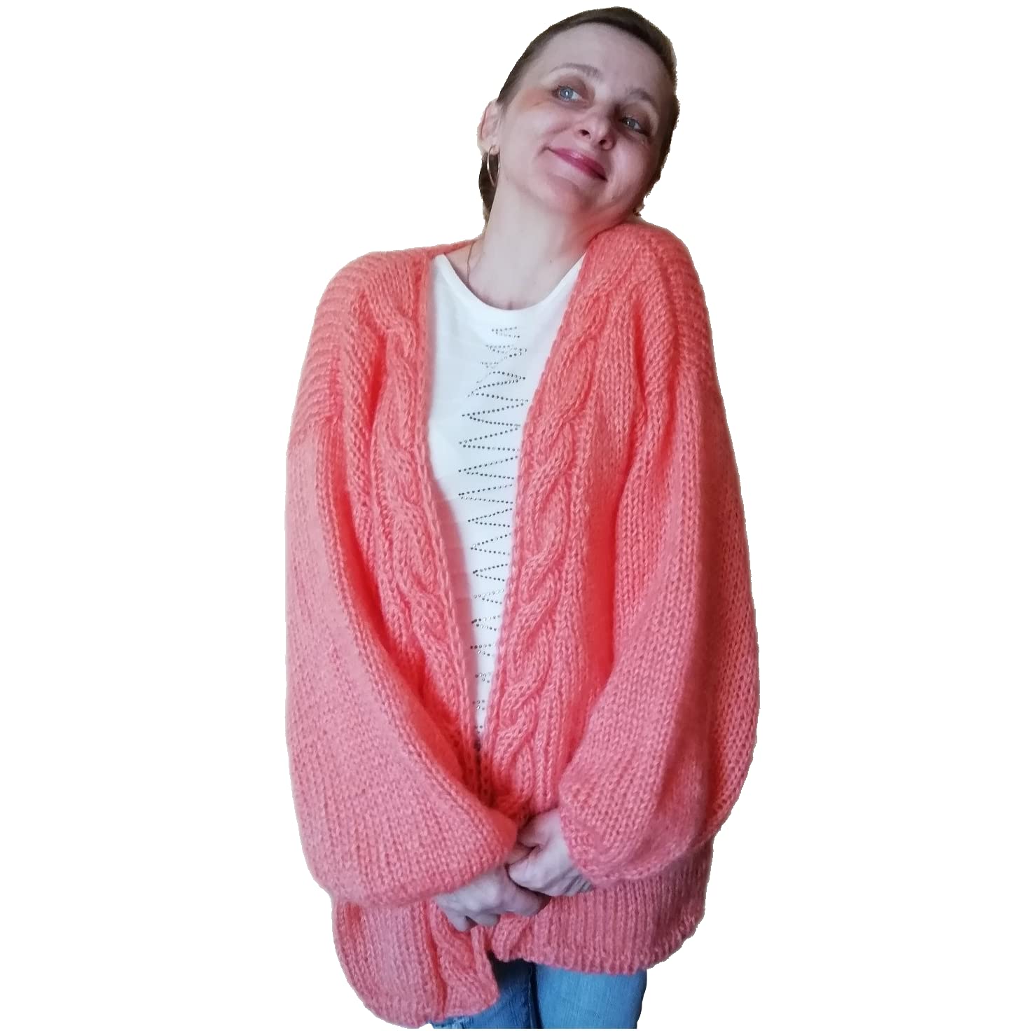 Handmade Mohair Peach Women's Cardigan - Oversized Open Knit Braid Sweater with Flashlight Sleeves | Warm Winter Fashion for Casual Outings & Cozy Home Wear
