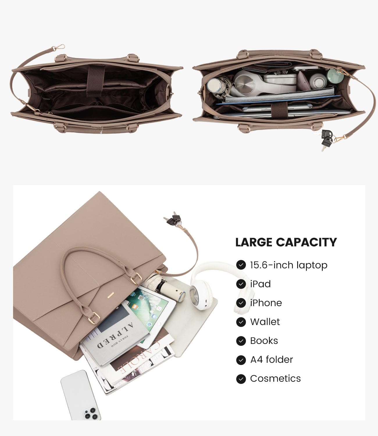 LOVEVOOK Leather Laptop Tote Bag for Women - Professional 15.6 Inch Business Office Work Bag with Small Clutch - Light Khaki - Perfect for Commuting, Business Meetings & Travel