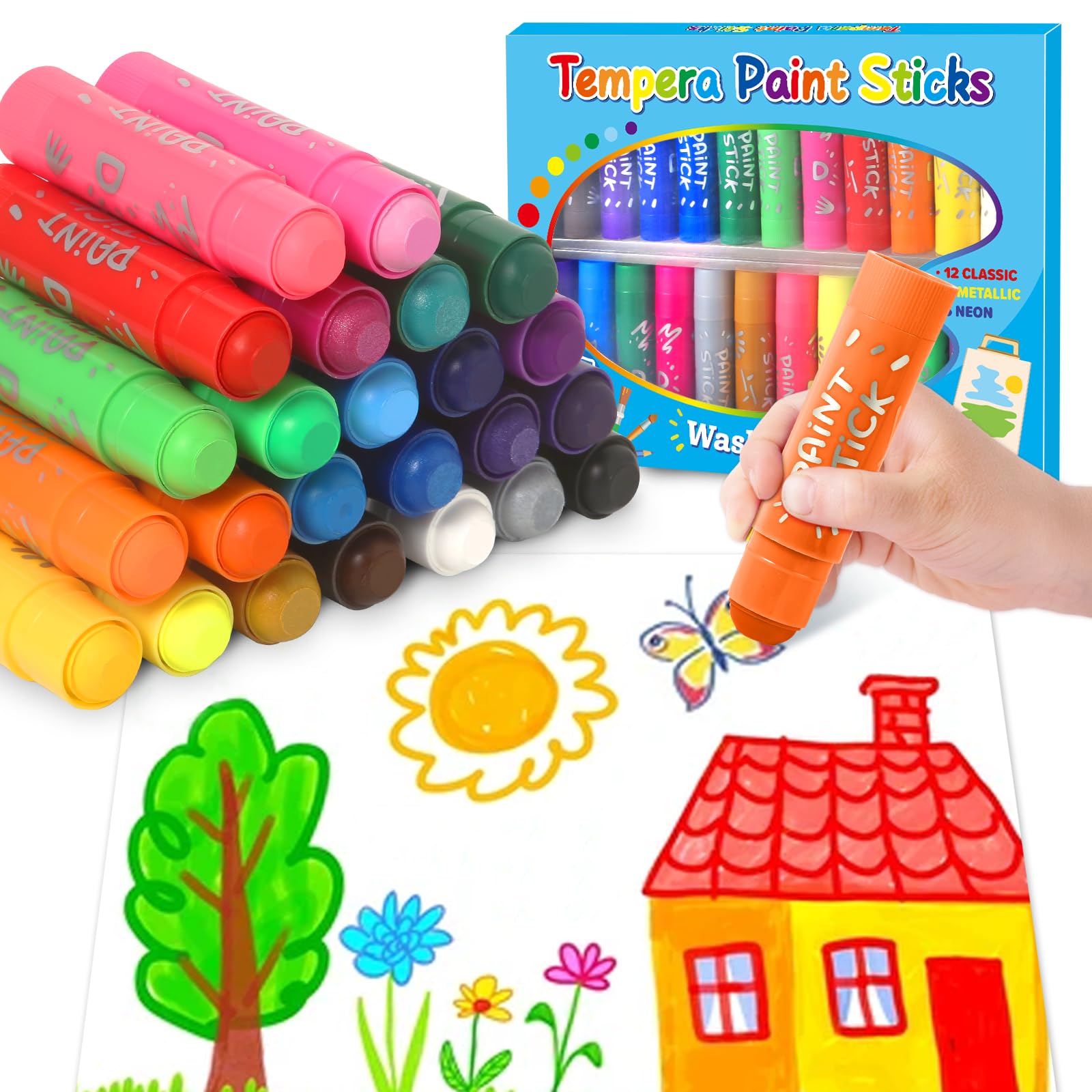 **Jumlys 24 Colors Large Tempera Paint Sticks for Kids - Washable Non-Toxic Art Supplies for Toddlers & Children - Perfect for Paper, Canvas, Stone Painting - Great for School Projects, DIY Crafts & Home Decor**