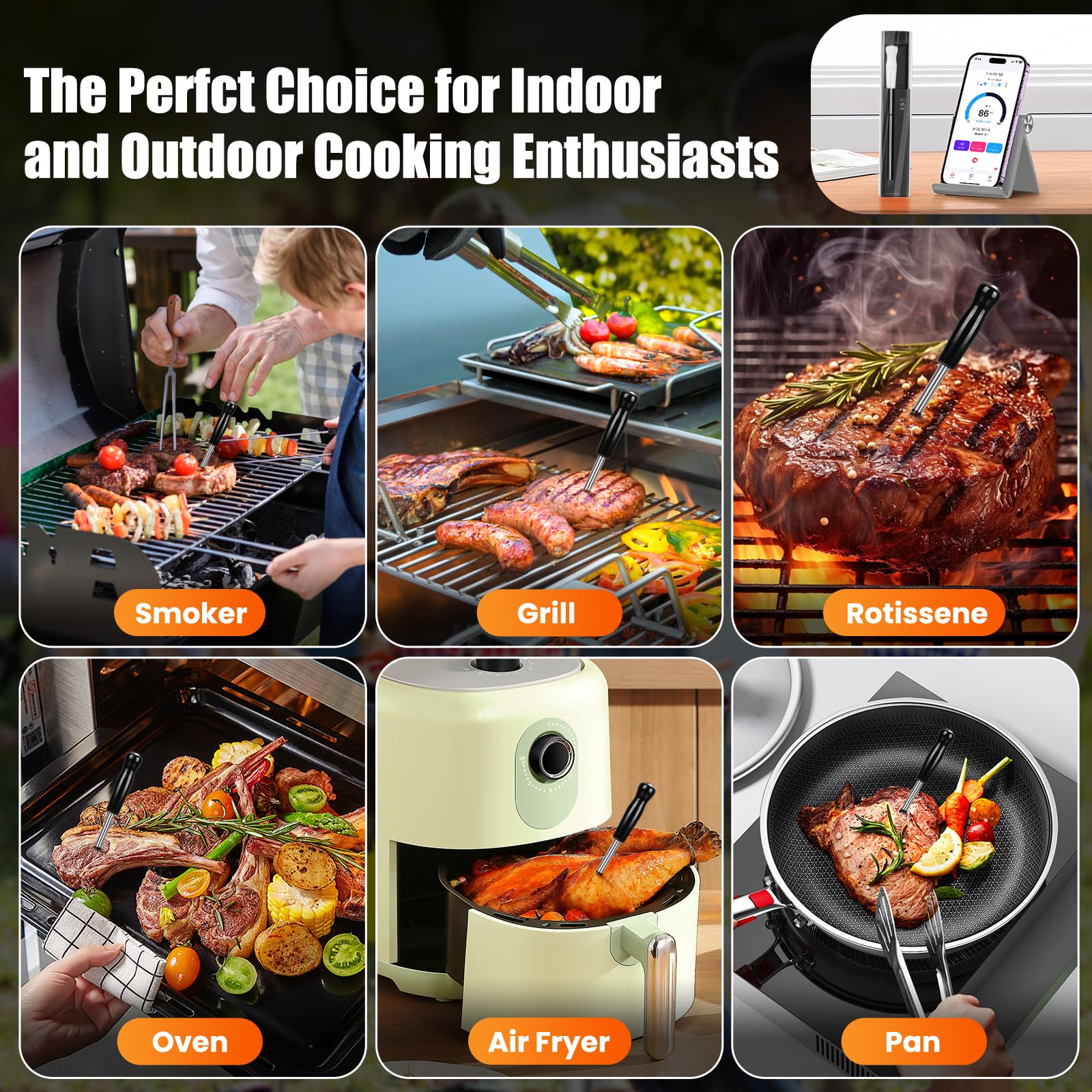Wireless Bluetooth Meat Thermometer with Smart App - 500FT Range Digital Cooking Thermometer for BBQ, Grill, Smoker, Oven & Kitchen - Perfect for Indoor & Outdoor Grilling, Smoking, Baking & Roasting