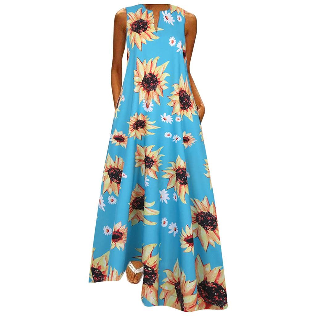 FABIURT Women's Summer Floral Print Long Sleeve Boho Dress - Flowy Bohemian Maxi Dress for Beach, Vacation & Casual Wear
