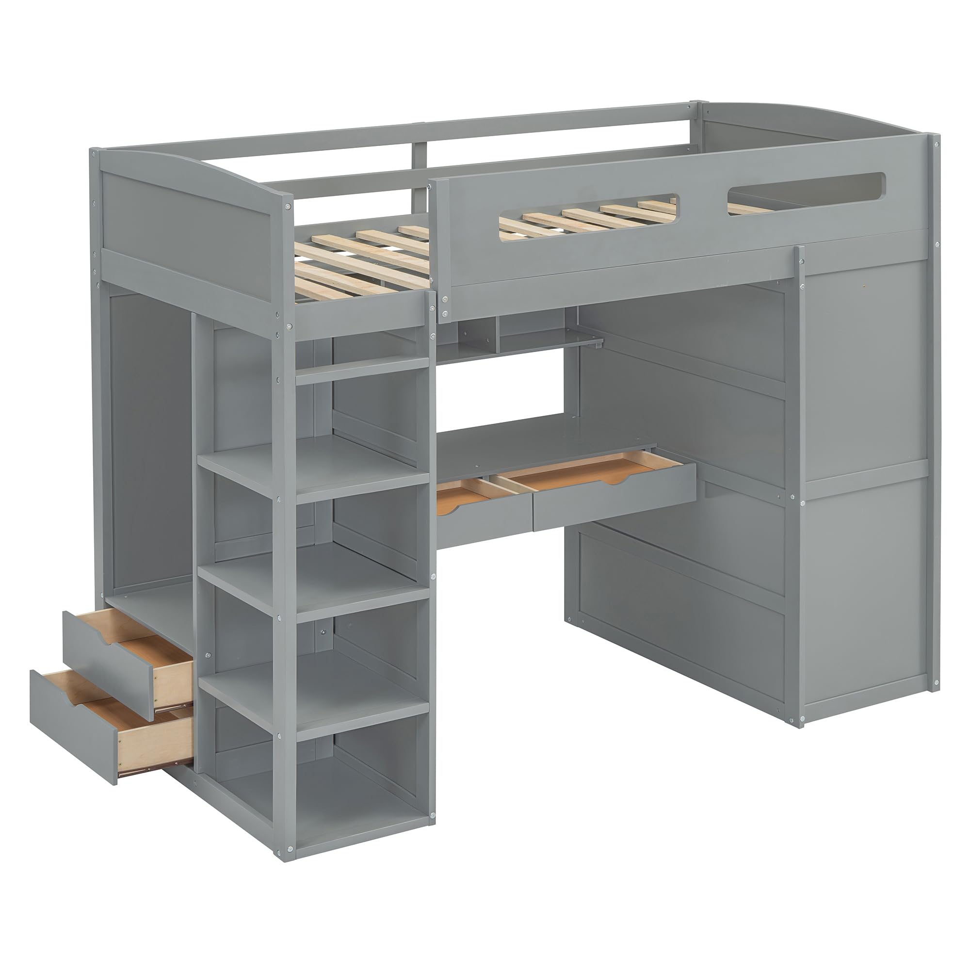 Twin Loft Bed with Desk & Wardrobe - Wooden Kids Bed with Storage for Small Spaces