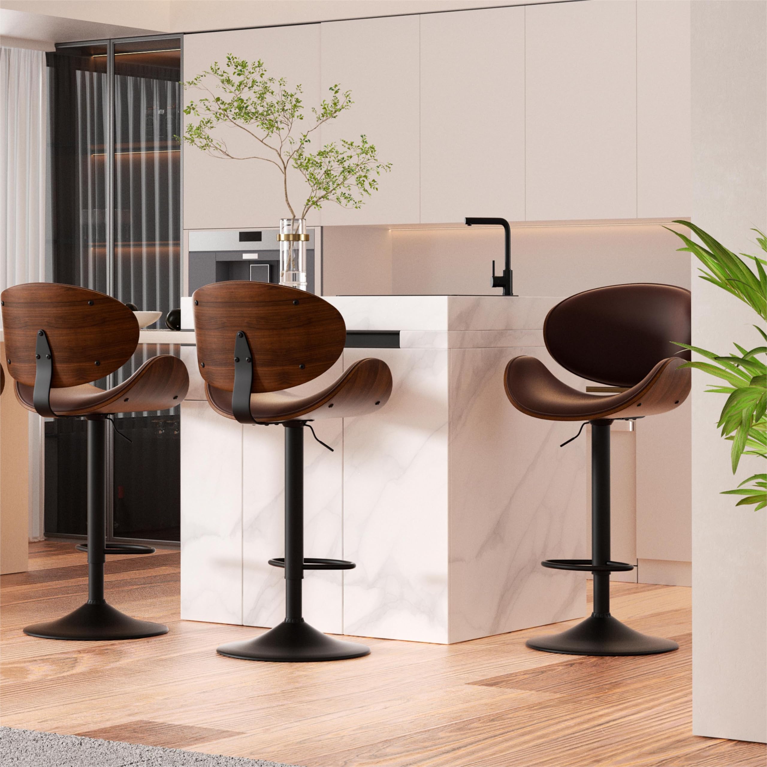 3-Piece Swivel Bar Stools Set with Adjustable Height (23.5-32.5 Inch) - PU Leather Upholstered Bentwood Barstools with Backrest & Footrest - Counter Height Bar Chairs for Kitchen Island, Home Bar & Dining Room - Brown - Perfect for Entertaining & Casual Dining