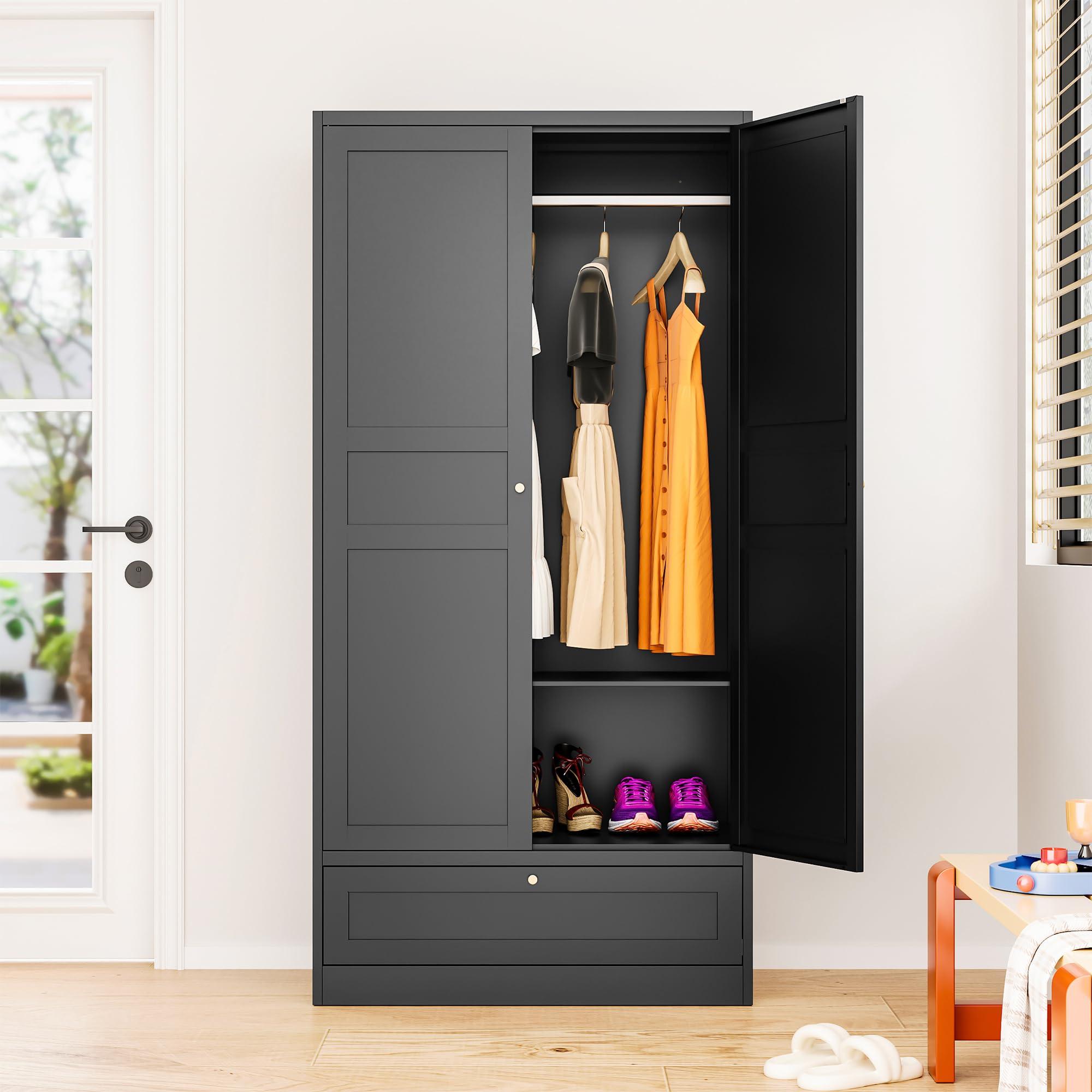 Black Metal Wardrobe Cabinet with Doors & Drawer - Adjustable Shelves & Hanging Rod for Bedroom Closet Storage | Home Organization & Clothing Armoire for Small Spaces