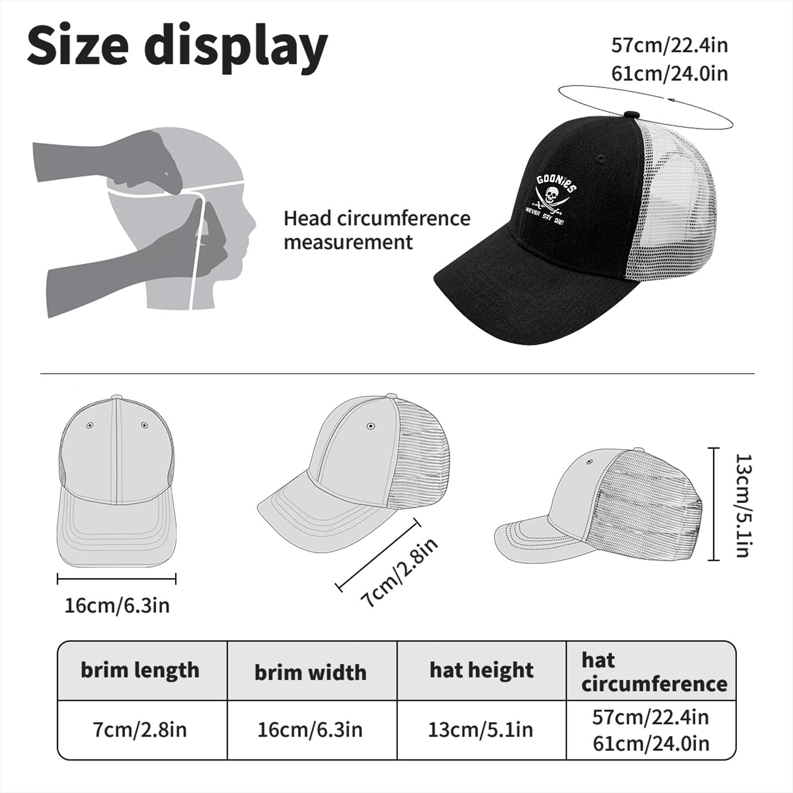 Goonies Never Say Die Mens Hats - Funny Summer Baseball Cap for Men, Breathable Sun Visor Hat for Outdoor Activities, Beach, Hiking & Sports