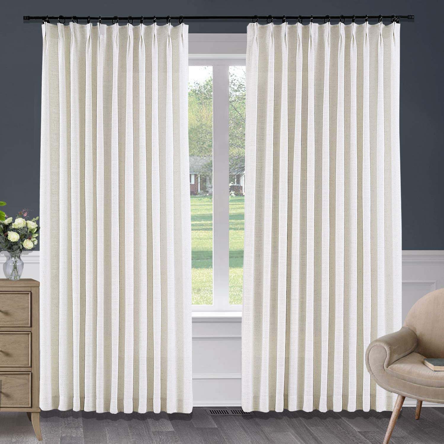 Macochico 120 Inch Extra Long Blackout Linen Curtains - Pinch Pleated Thermal Insulated Drapes Panel for Living Room, Bedroom, Dining Room - Noise Reducing & Energy Saving - Beige White 120W x 102L (1 Panel) - Perfect for Home Theater, Nursery & Office Privacy
