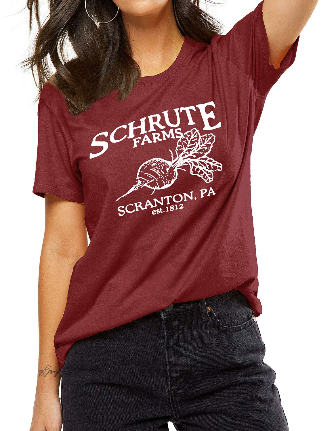 Funny The Office FEMLE Schrute Farms Graphic T-Shirt for Women - Soft Cotton Sweatshirt with Pocket - Perfect for Casual Wear, Office Humor Fans & TV Show Merch Collectors