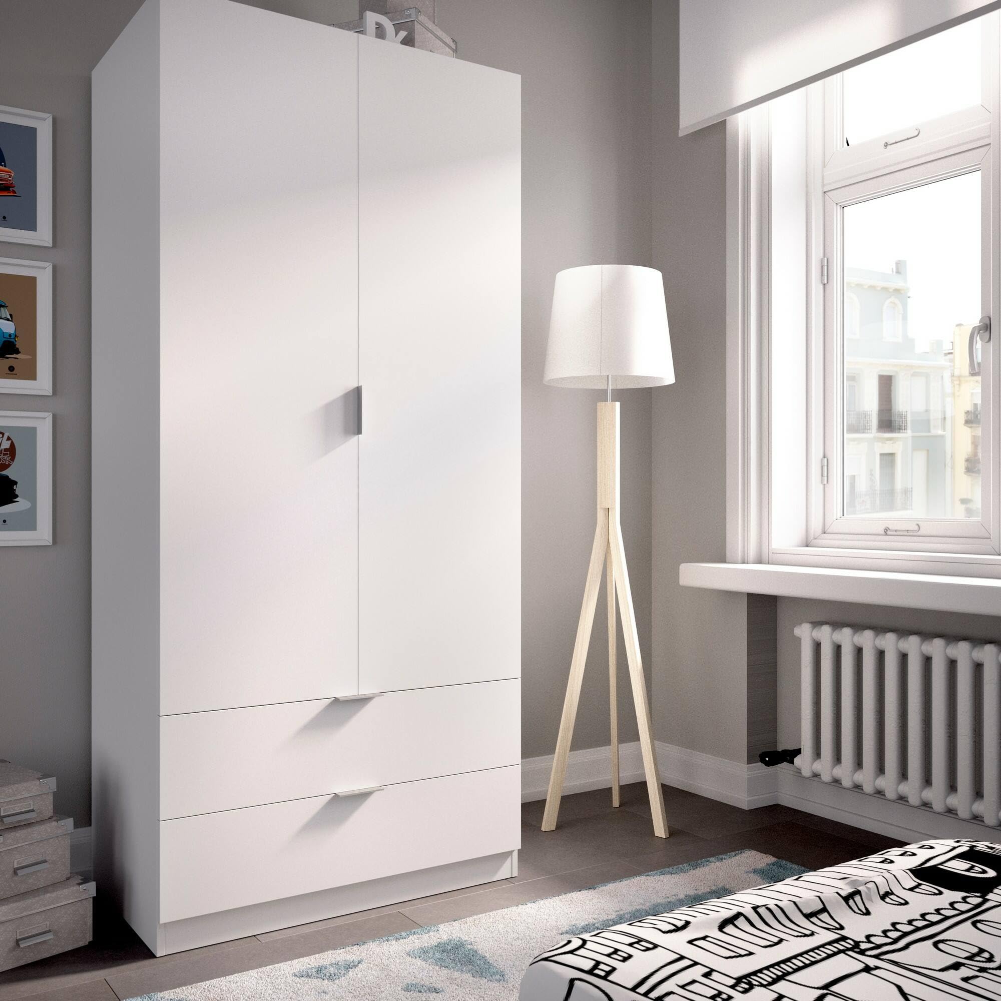 Dmora - 2 Door Wardrobe with 2 Drawers, White Closet Organizer for Bedroom, 81x52x184 cm - Perfect for Small Spaces & Apartment Storage