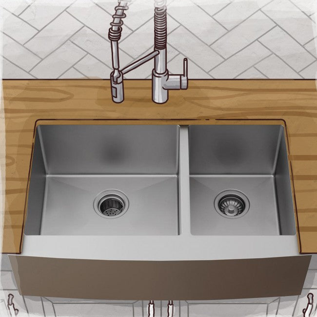 Premium Stainless Steel Farmhouse Kitchen Sink with Apron Front - No Holes, Double Bowl Design (35.75