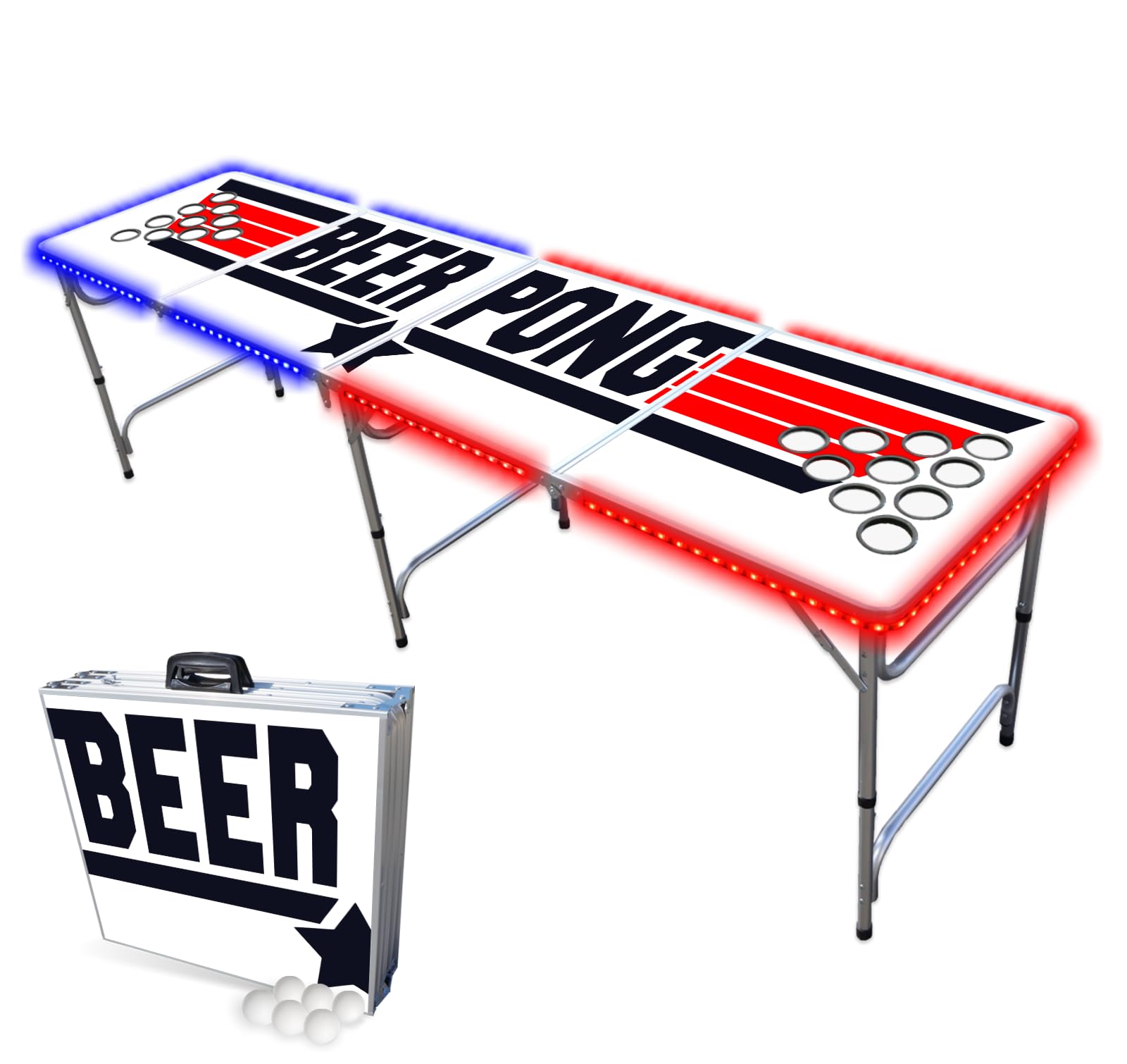 PartyPong 8-Foot Folding Beer Pong Table with LED Lights & Cup Holes - Premium Edition for Outdoor Parties, Tailgates & College Events - Waterproof & Portable Drinking Game Table