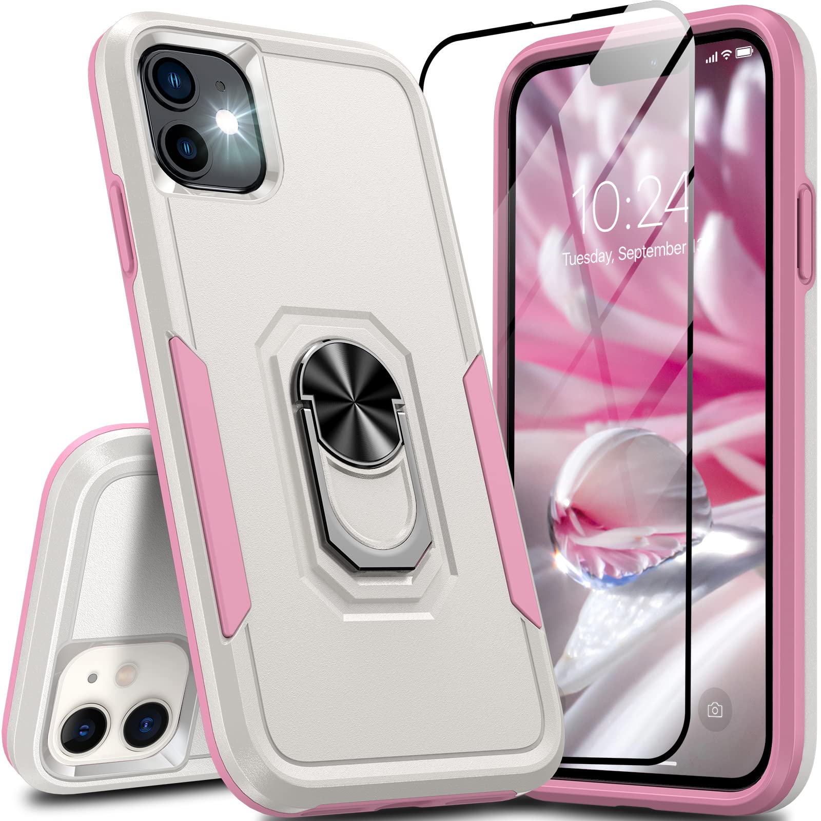 Nineasy Heavy Duty iPhone 11 Case [3-in-1 Protection] - Military Grade Shockproof Phone Cover with 9H Tempered Glass Screen Protector & 360° Rotatable Ring Holder | Perfect for Outdoor Activities, Work, and Everyday Use (iPhone 11 6.1 Inch)