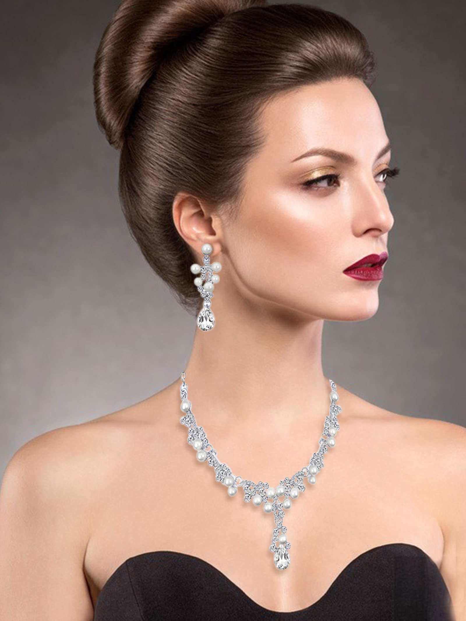 HUASAI Sterling Silver Bridal Jewelry Set with Sparkling Cubic Zirconia - Elegant Wedding Necklace & Earrings Set for Bride, Bridesmaids & Guests - Perfect for Weddings, Proms, Anniversaries & Formal Events 2024
