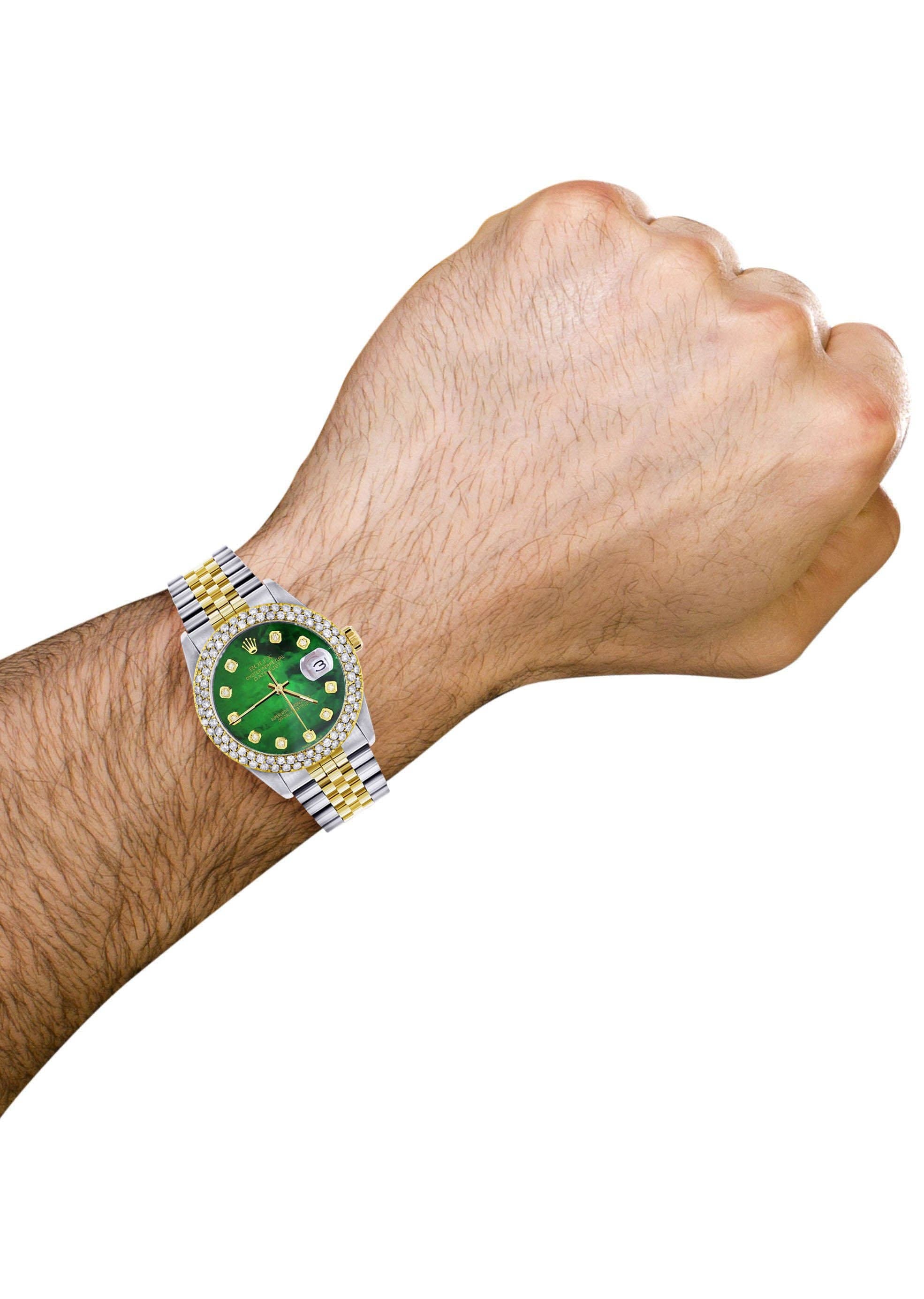Luxury Diamond Gold Rolex Watch for Men - 16233 Model | 36mm Green Mother of Pearl Dial | 4.25 Carat Two-Row Bezel | Jubilee Band | Perfect for Formal Events, Business Meetings & Special Occasions