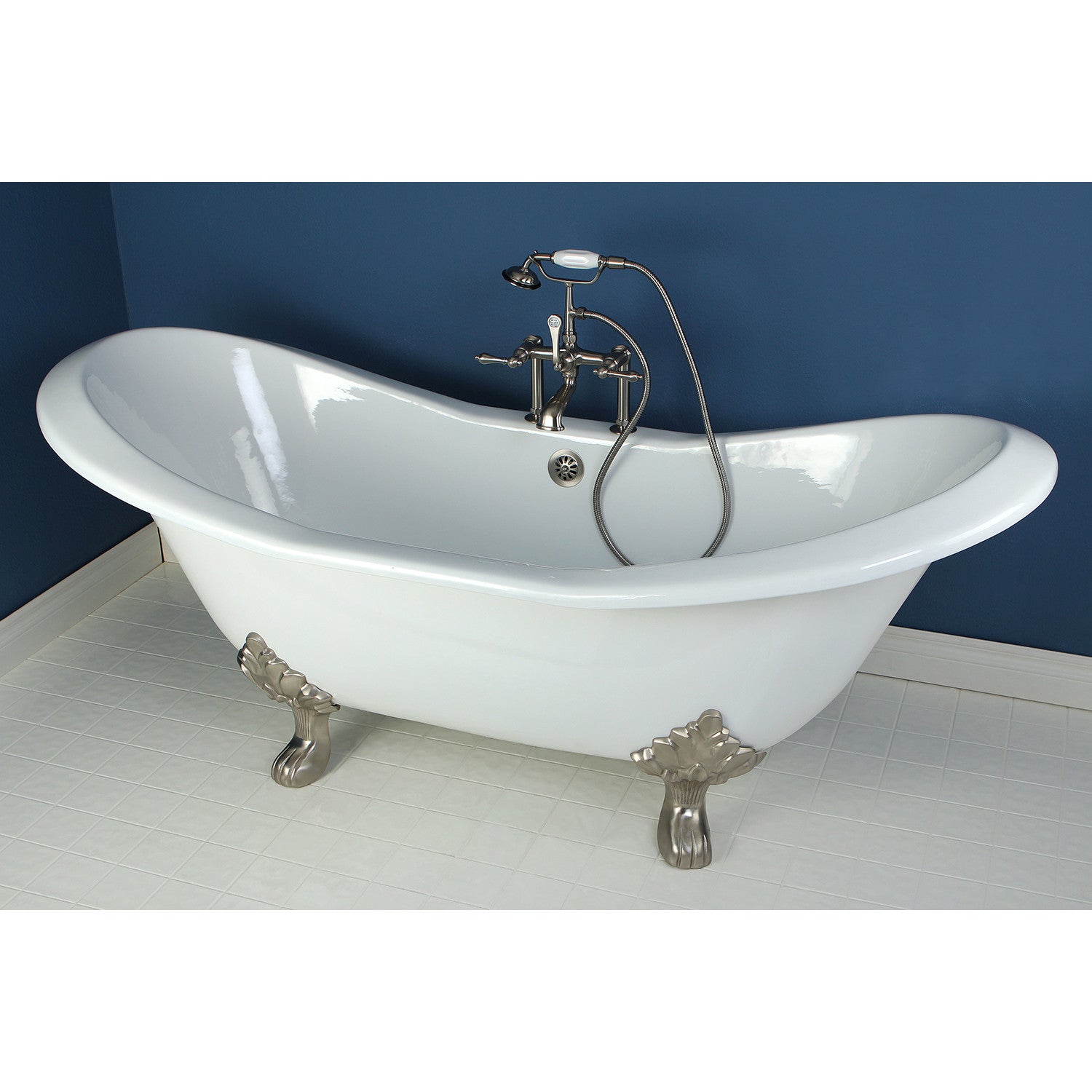 Aqua Eden 72 Inch White Cast Iron Oval Double Slipper Clawfoot Bathtub with Brushed Nickel Faucet - Vintage Freestanding Soaking Tub for Luxury Bathroom & Spa Retreat