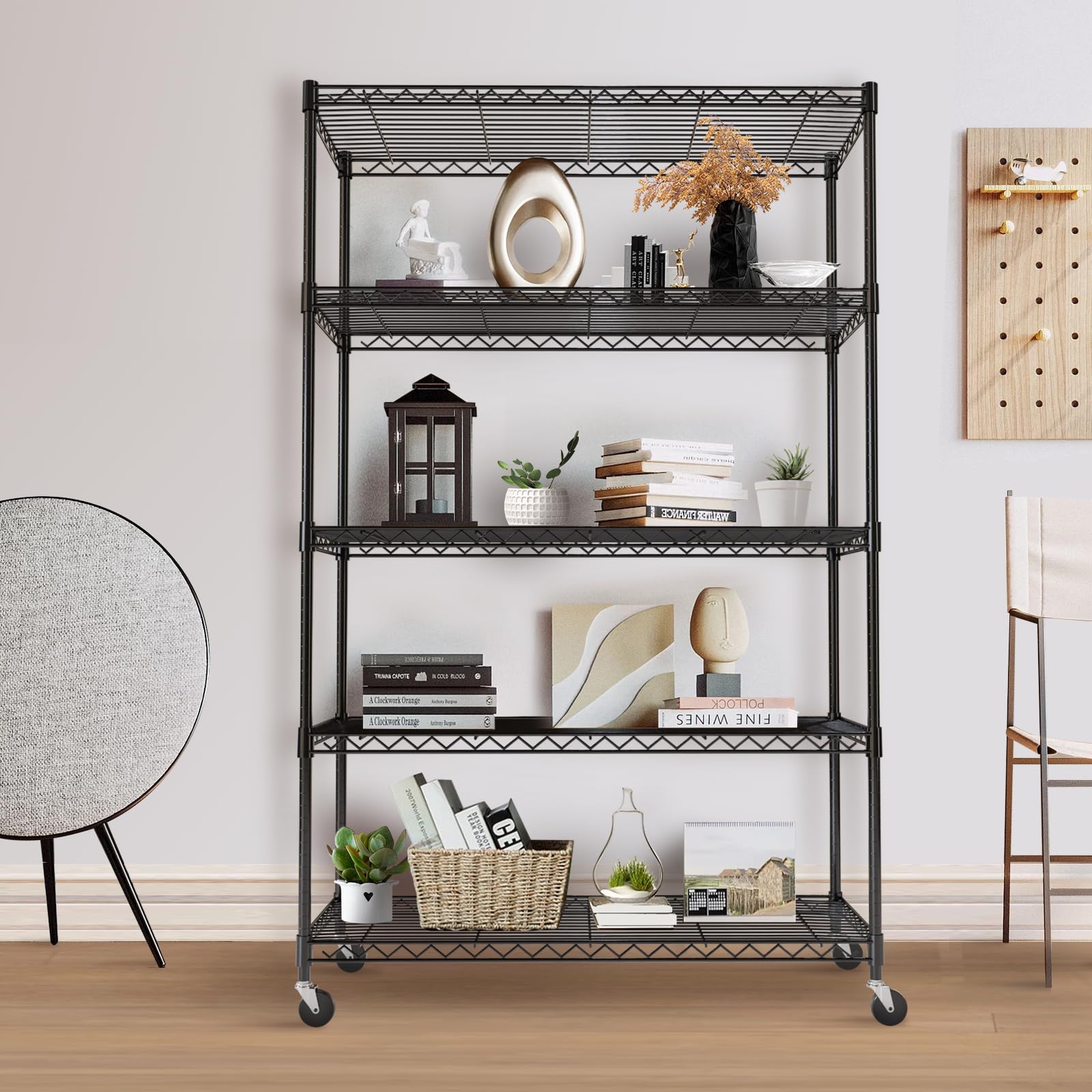 5-Tier Adjustable Heavy Duty Steel Wire Storage Shelving Unit with Wheels & Adjustable Feet - 350 lbs Capacity per Shelf for Pantry, Garage, Kitchen, Office & Warehouse Organization