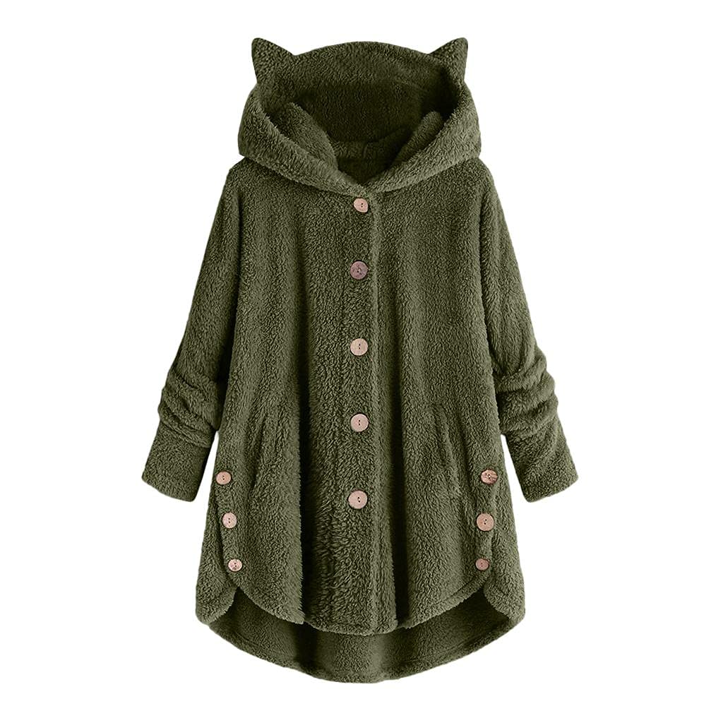 Women's Winter Fleece Cardigan with Cat Ear Hood - Warm Button-Up Sweater Jacket for Casual Wear | Cozy Outerwear for Fall & Winter Fashion, Outdoor Activities