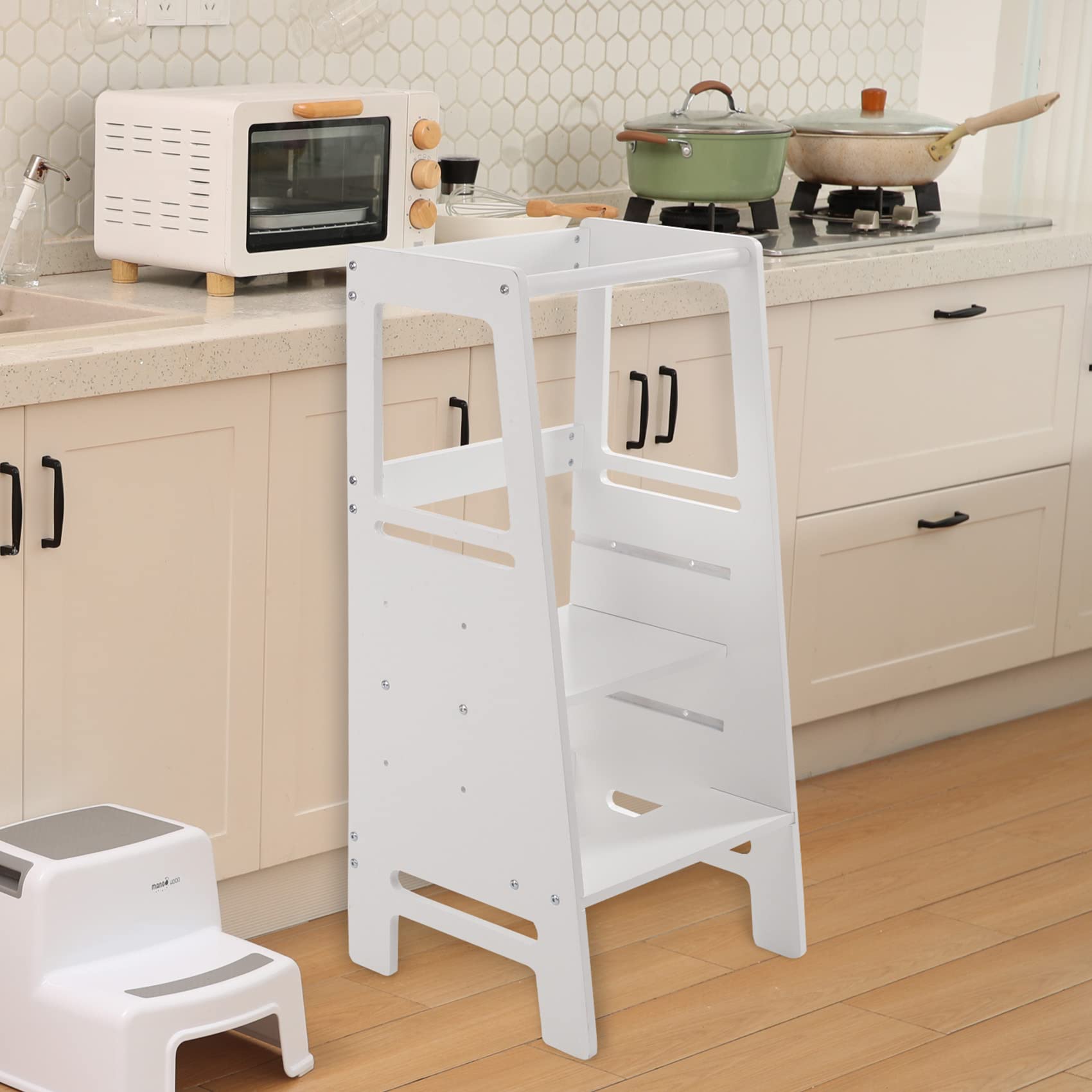 Adjustable Wooden Step Stool for Kids - Safe Kitchen & Bathroom Helper with Safety Rail - Montessori Learning Tower for Toddlers - Solid White Wood Construction - Perfect for Cooking, Washing Hands & Reaching Countertops