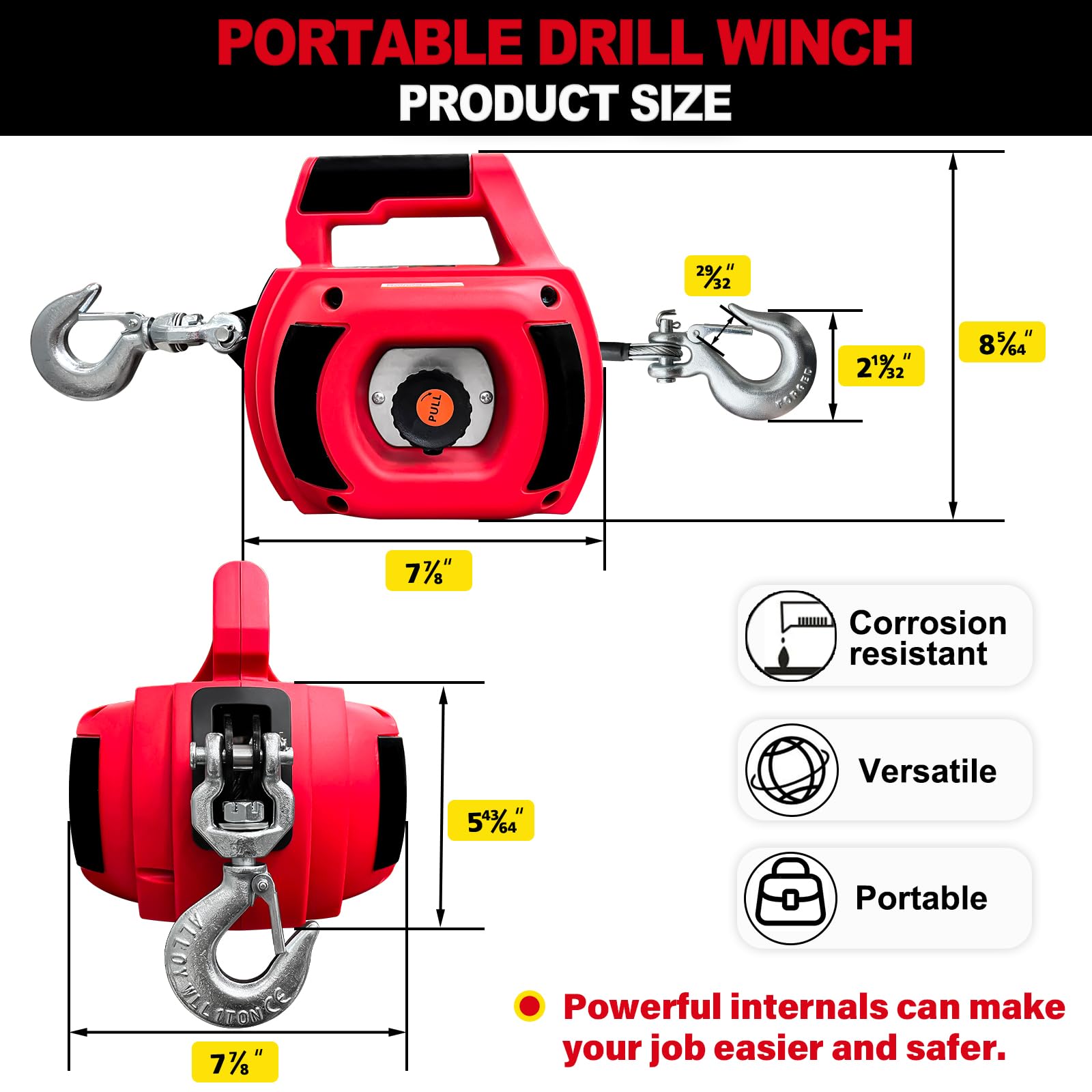 **1000LBS Portable Drill Winch with 40FT Alloy Steel Wire Rope – Heavy Duty Drill Powered Winch for Lifting, Dragging, Handling & Trailers – Ideal for Off-Roading, Farm Work, Construction & DIY Projects (Red)**