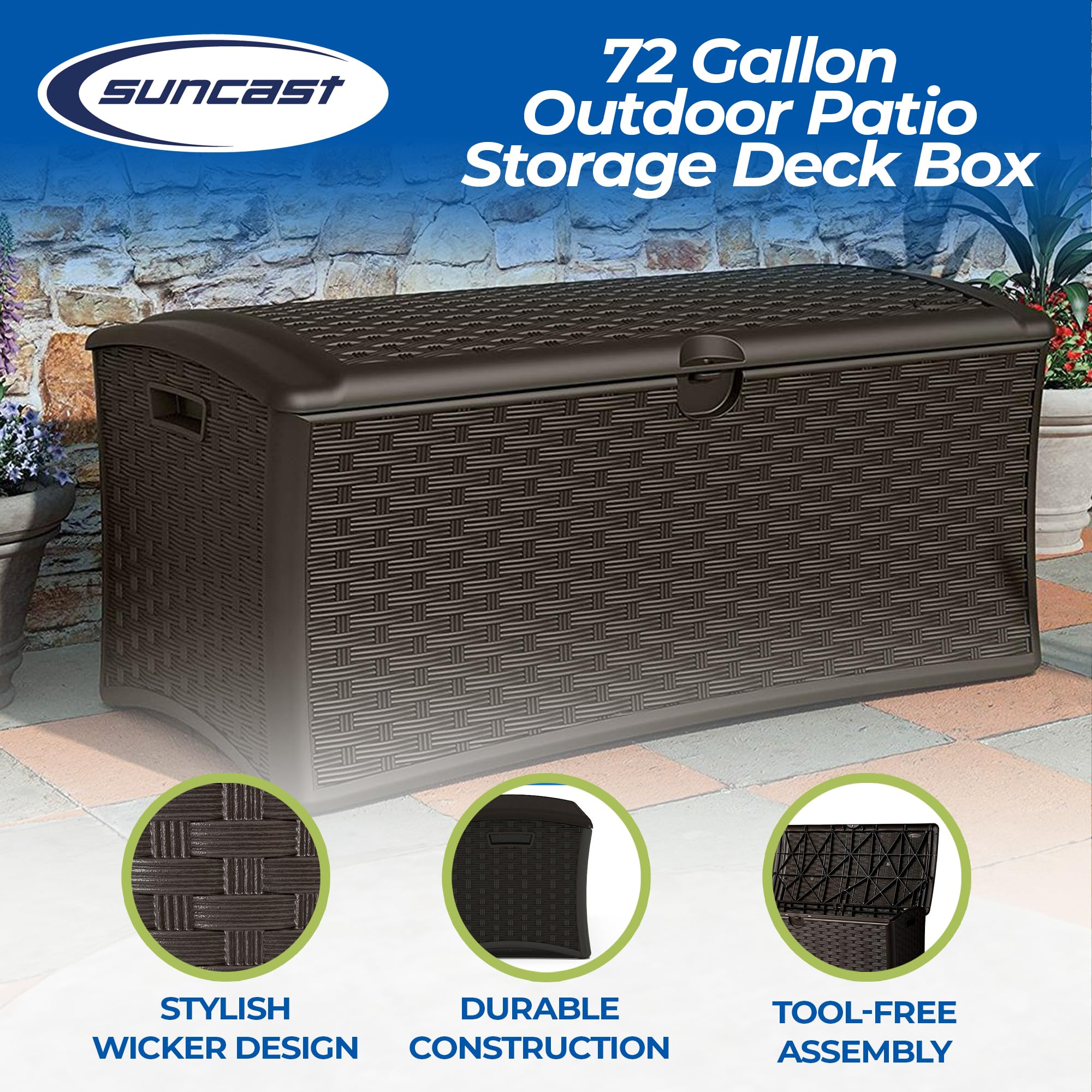 Suncast 72 Gallon Outdoor Storage Deck Box - Easy Assembly Plastic Wicker Patio Furniture Cover for Cushions, Pillows & Accessories | Weather-Resistant Deck Box for Backyard, Poolside & Garden Organization (Brown)