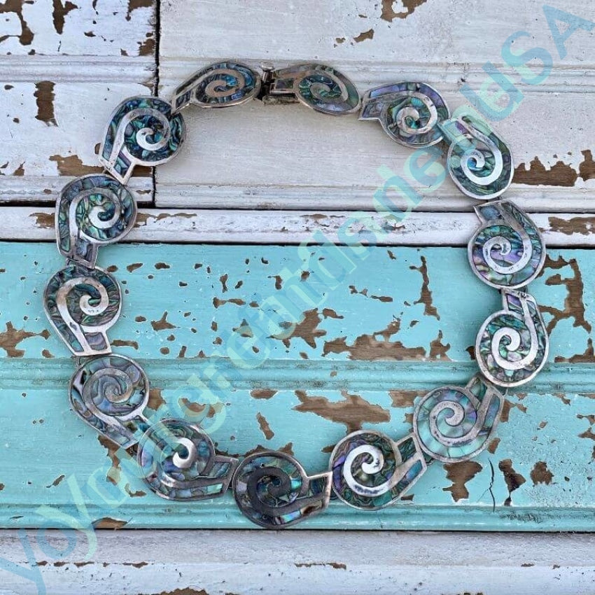 Vintage Mexican Sterling Silver and Abalone Shell Swirl Necklace - Handmade Jewelry for Women, Boho Chic Pendant Necklace - Perfect for Beach Weddings, Date Nights & Festival Outfits