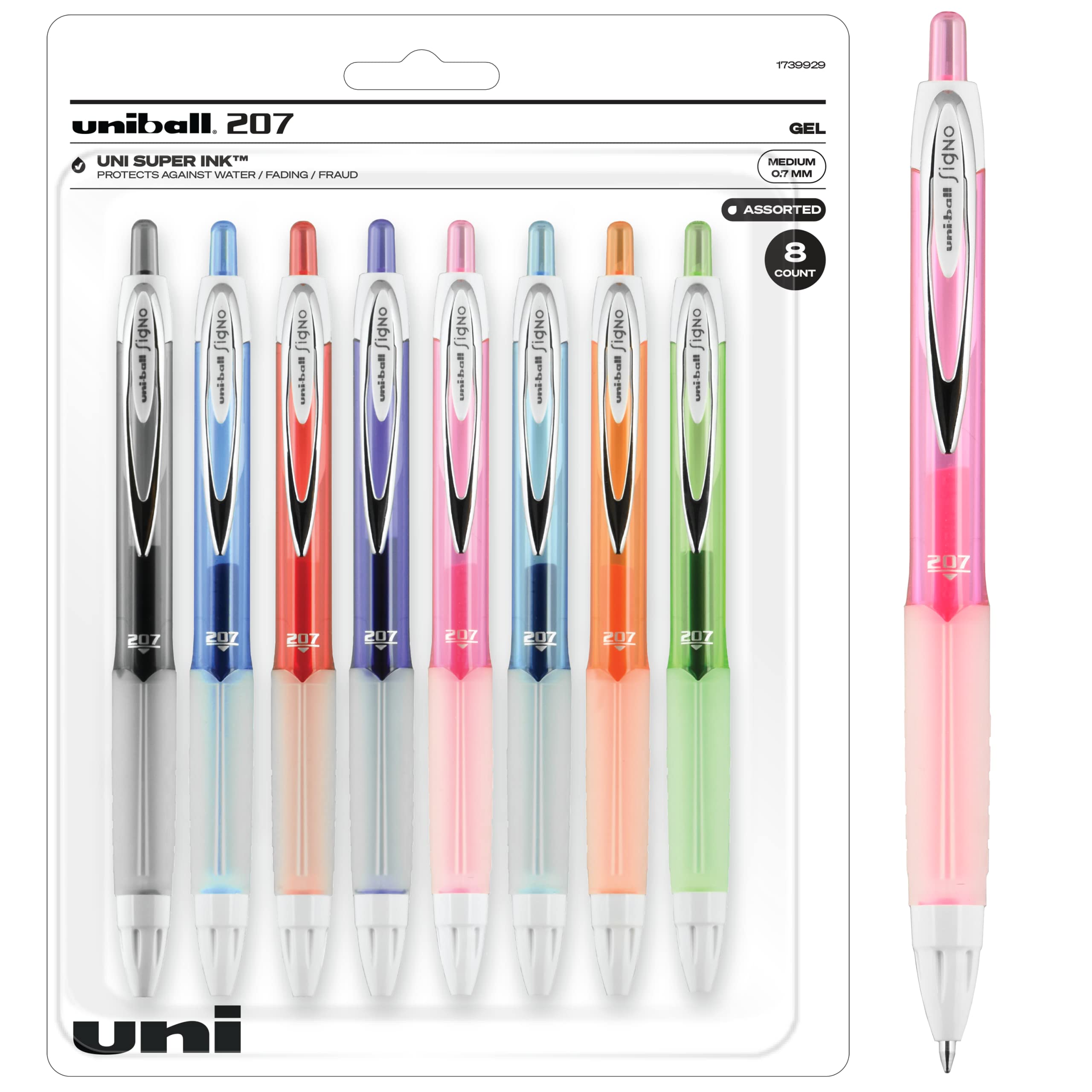 Signo 207 Retractable Gel Pens, 0.7mm Medium Point - 8 Pack Assorted Colors (Black, Blue, Red, Green) - Smooth Writing Gel Ink Pens for Office, School, Note Taking & Journaling - Bulk Pack of Fine Point Pens for Students & Professionals