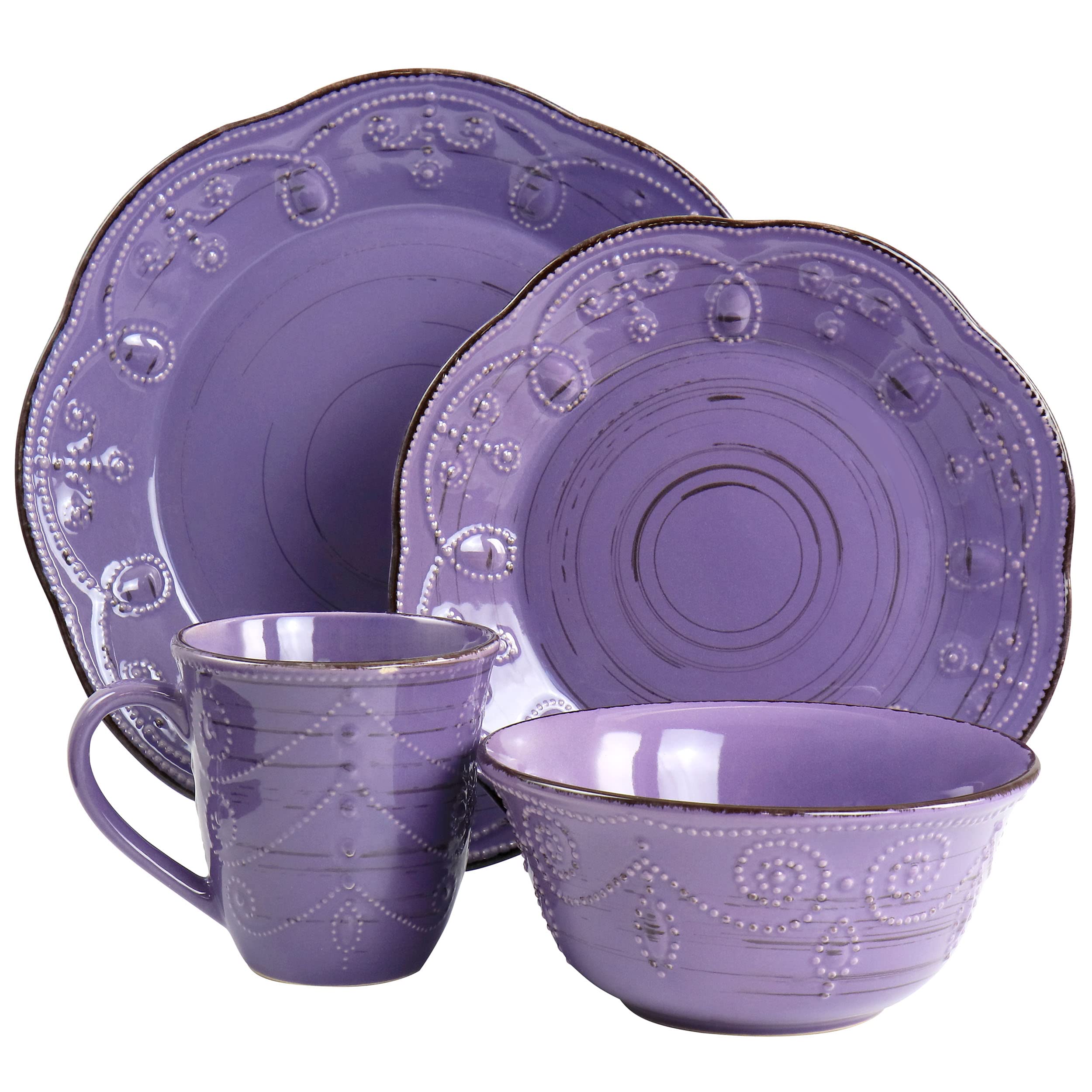 Elama Rustic Birch 16-Piece Stoneware Dinnerware Set - Purple with Brown Accents, Durable Ceramic Plates & Bowls for Everyday Dining, Dinner Parties & Family Gatherings (EL-RUSTICBIRCH)