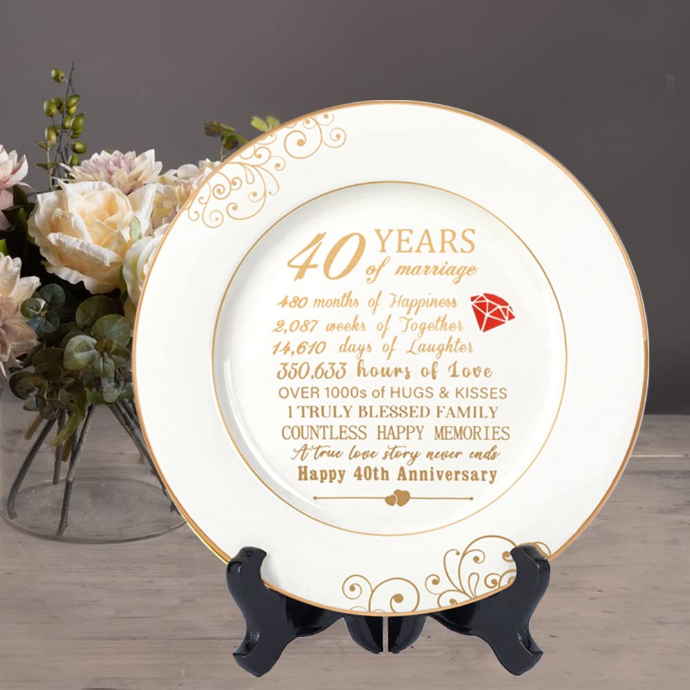 40th Anniversary Wedding Gift for Wife - 24K Gold Foil Ceramic Plate (9 Inch) | Romantic 40 Year Anniversary Keepsake for Couples, Parents, Him & Her | Perfect for Dining Room Decor & Special Occasion Celebrations