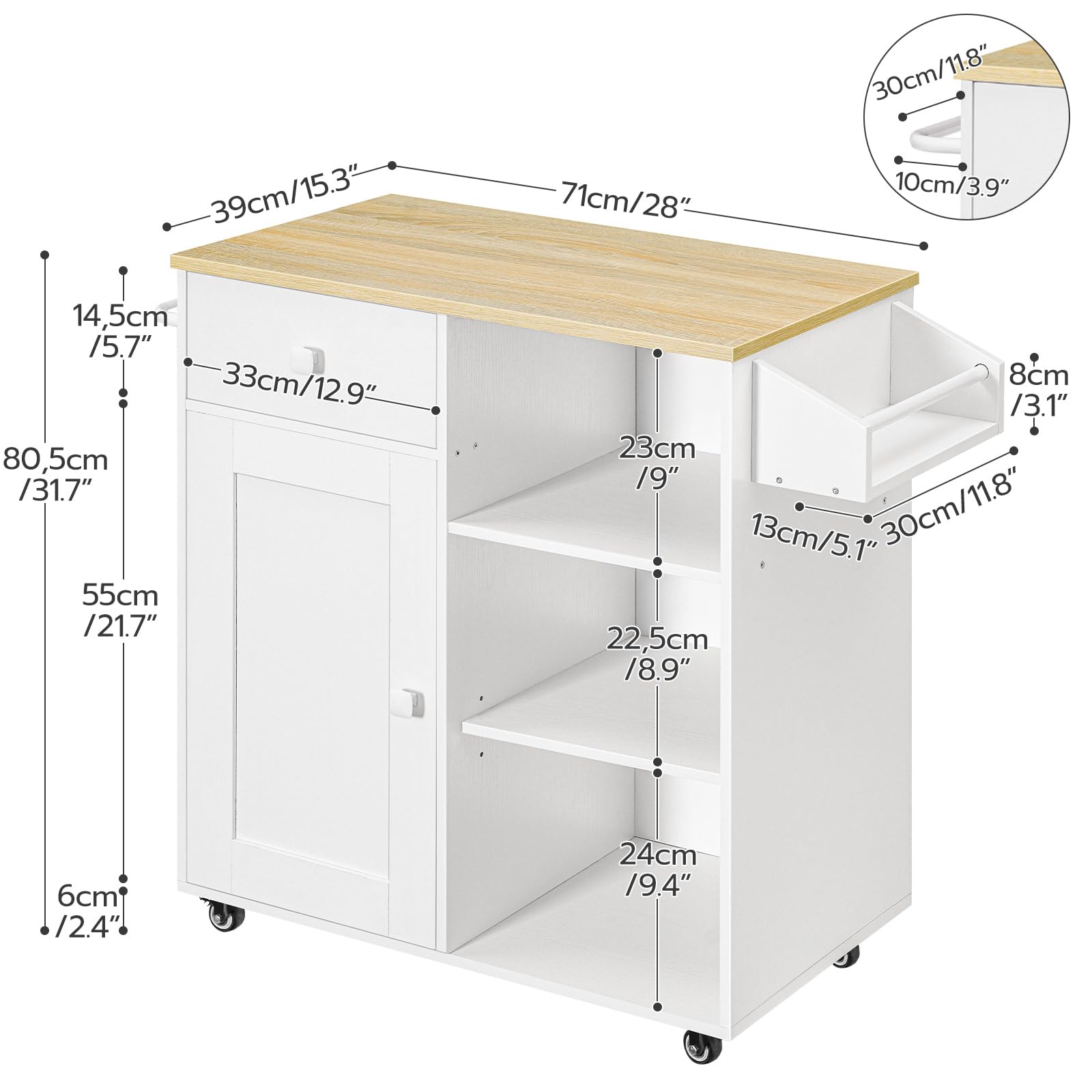 HOOBRO White and Natural Kitchen Island with Storage Cabinet, Drawers, Spice & Towel Rack - Space Saving Kitchen Cart for Small Spaces, Easy Assembly - Perfect for Cooking, Dining & Living Room Organization (Model WN12ZD01)