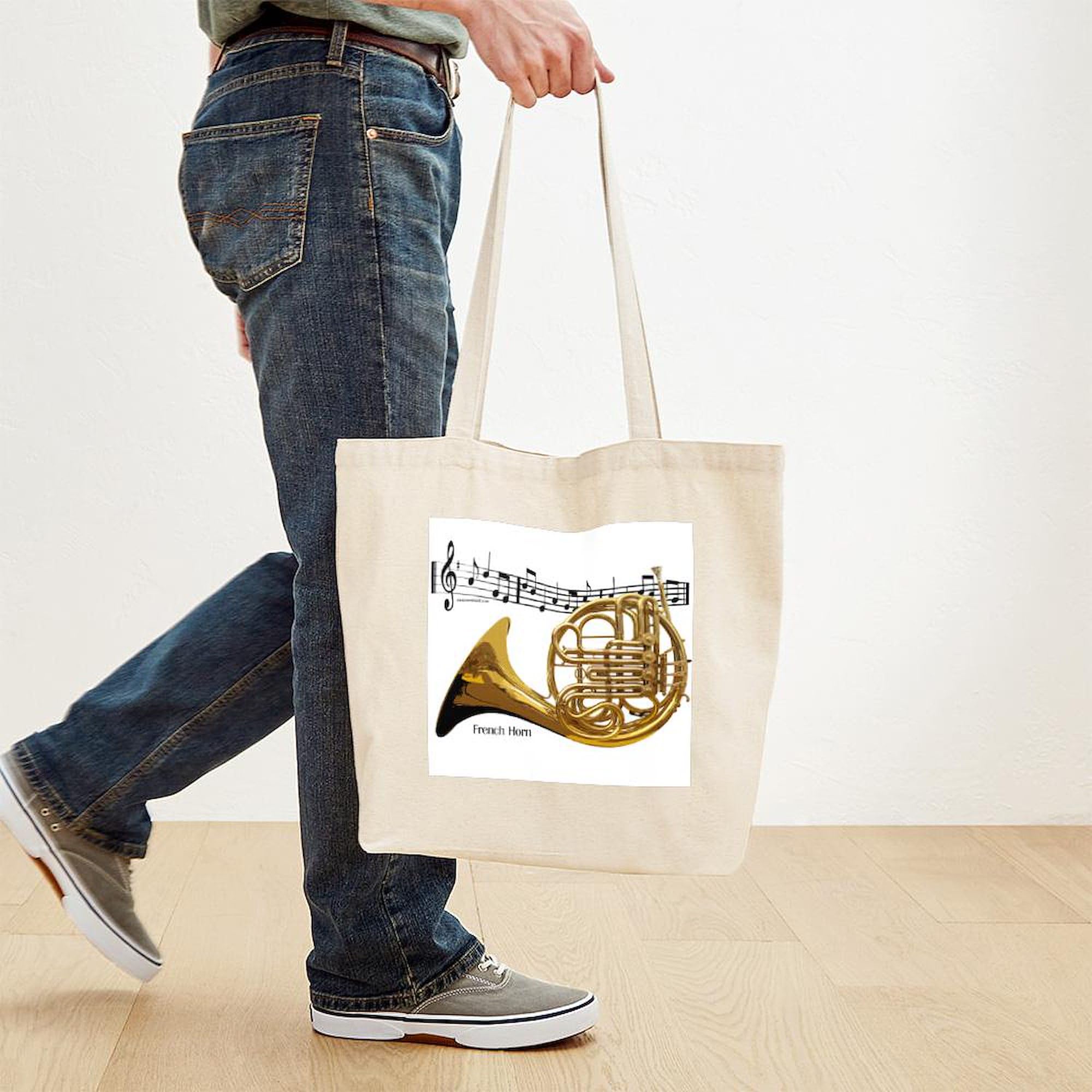 French Horn Music Tote Bag - Natural Canvas Reusable Shopping Bag for Musicians, Students & Grocery Shopping | Eco-Friendly Gift for Music Lovers