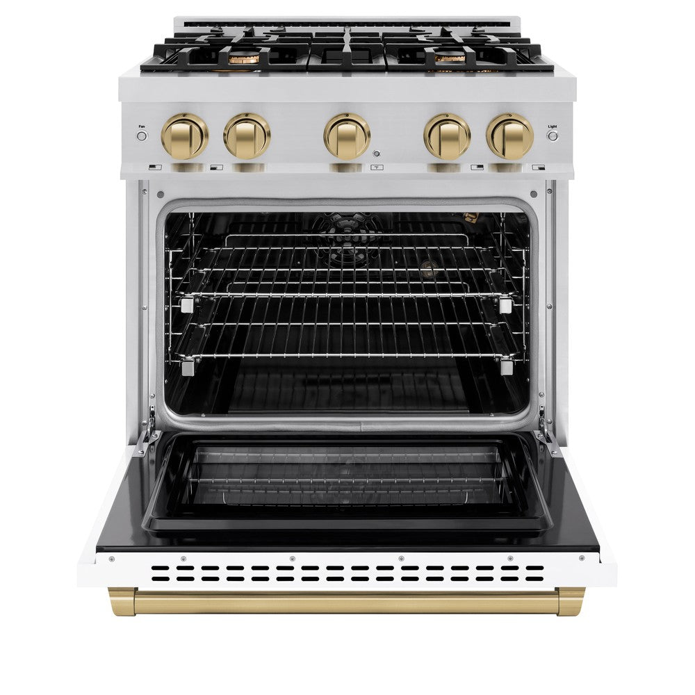 ZLINE Autograph Edition 30-inch 4.2 cu. ft. Gas Range with 4 Burner Cooktop & Convection Oven - Stainless Steel with White Matte Door & Champagne Bronze Accents (HGRZ WM 30 CB) - Perfect for Modern Kitchens & Professional Cooking