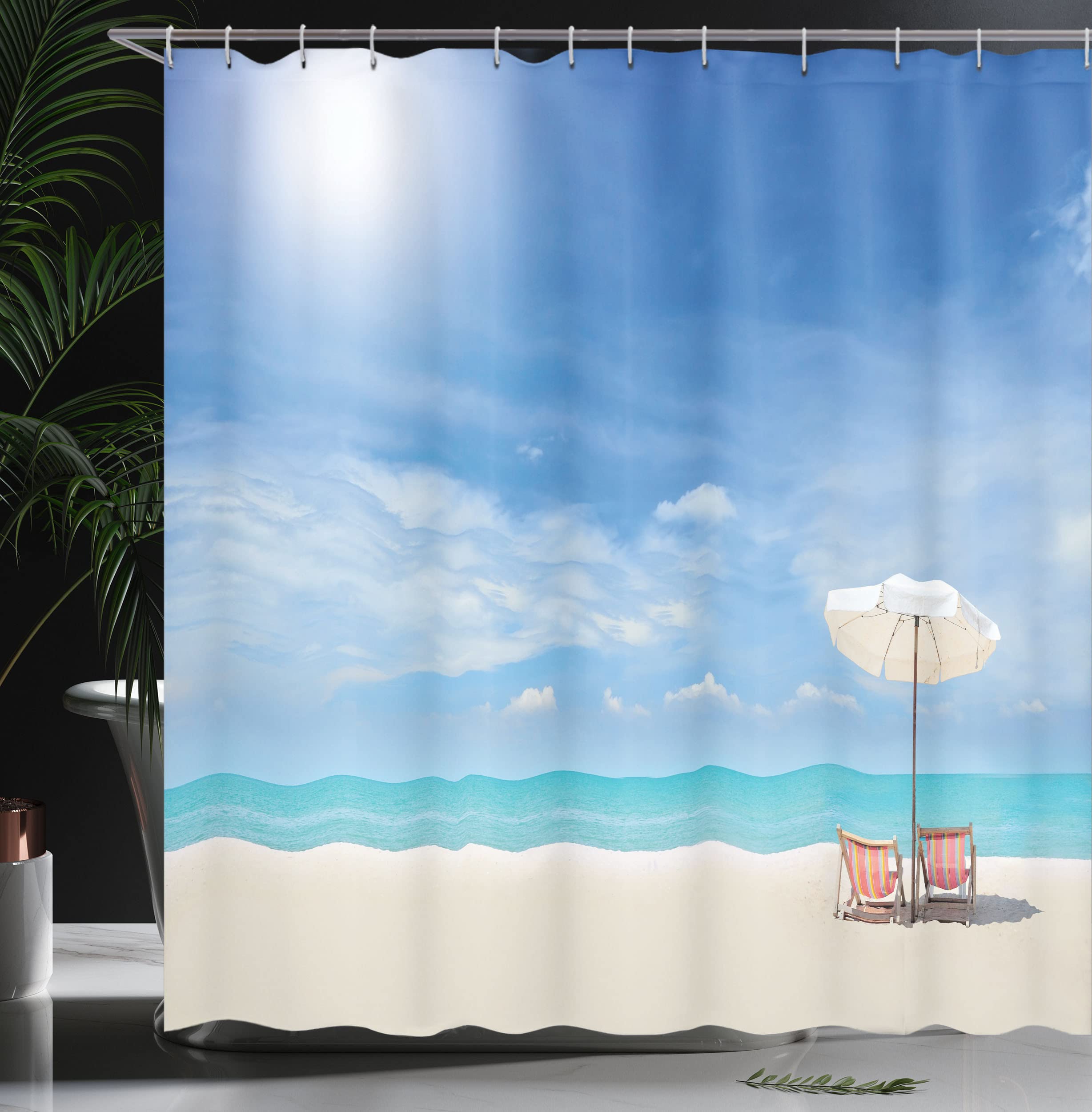 Ambesonne Hawaiian Beach Shower Curtain - Tropical Island Seascape with Chairs & Umbrella, 69x75 Inch Fabric Bathroom Decor Set with Hooks, Beige & Blue - Perfect for Coastal, Beach House & Tropical Bathroom Themes