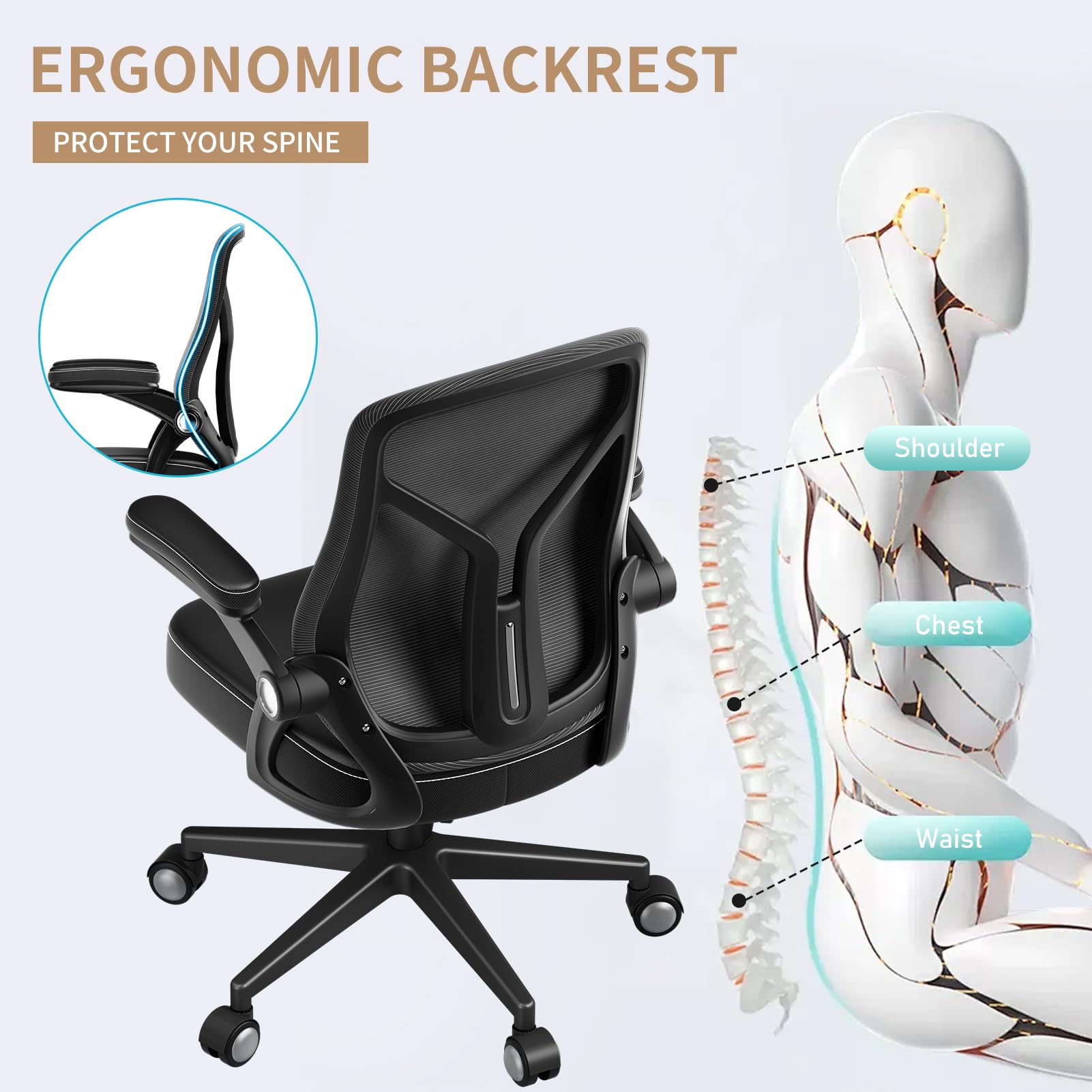 Ergonomic Office Desk Chair - PU Leather Home Office Chair with Mesh Mid-Back & Flip-Up Armrests, Black Executive Task Chair for Computer Work, Gaming & Long Sitting Comfort
