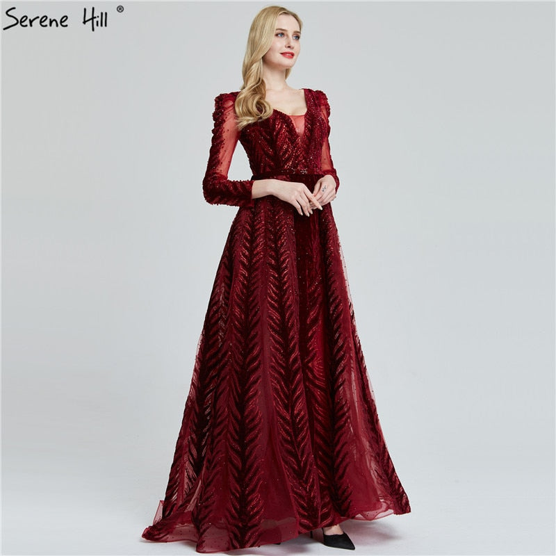 Luxury Velvet Wine Red Evening Gown with Long Sleeves & Beading - Plus Size Formal Dress for Women 2025 - Elegant Prom, Wedding Guest & Gala Attire - Serene Hill LA60903