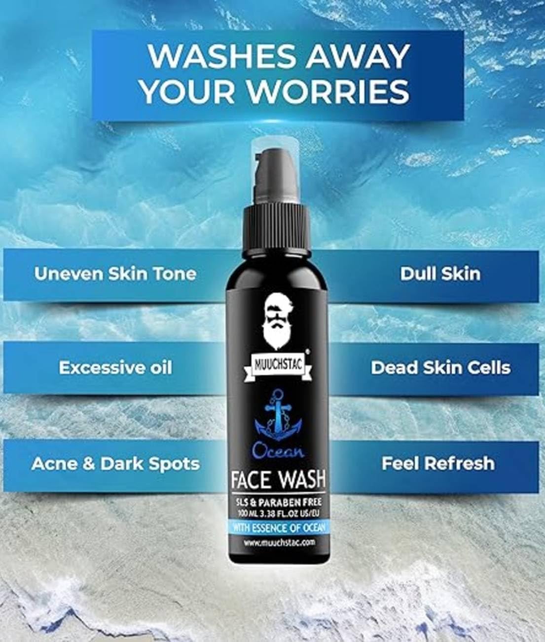 Muuchstac Ocean Face Wash for Men - Acne Fighting, Oil Control & Skin Brightening Cleanser | Deep Cleansing, Refreshing Formula for Clear, Healthy Skin (100 ml) | Perfect for Daily Skincare & Post-Workout Use