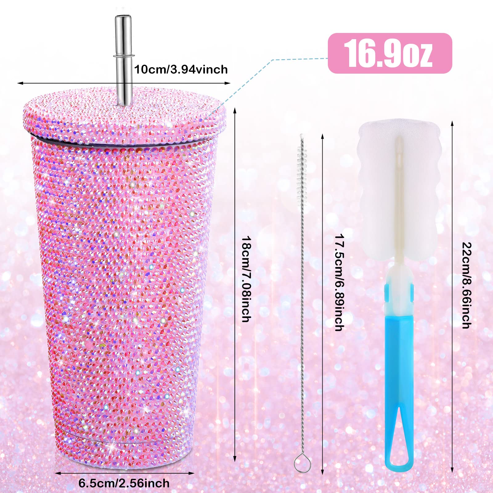 Sparkling Studded Rhinestone Tumbler - 16.9oz Stainless Steel Vacuum Insulated Water Bottle with Lid & Straw | Diamond Glitter Thermal Cup with Cleaning Brushes (1 Cup Brush + 6 Straw Brushes) | Perfect for Women's Gym, Office & Outdoor Activities (AB Pink)